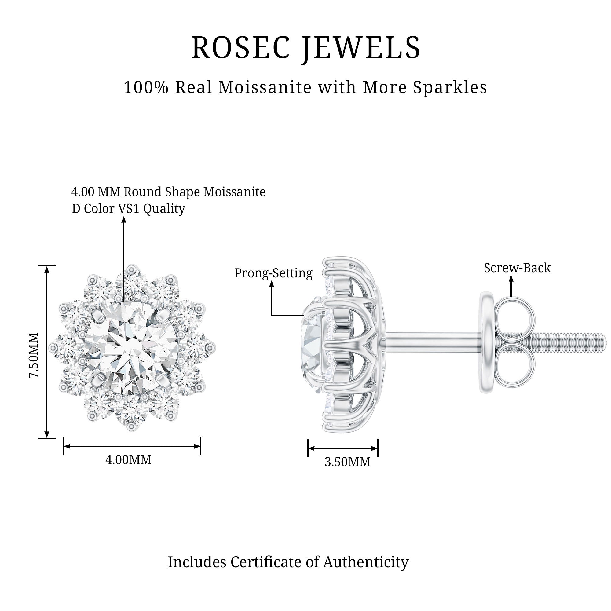 Certified Round Cut Moissanite Halo Stud Earrings for Women D-VS1 - Rosec Jewels