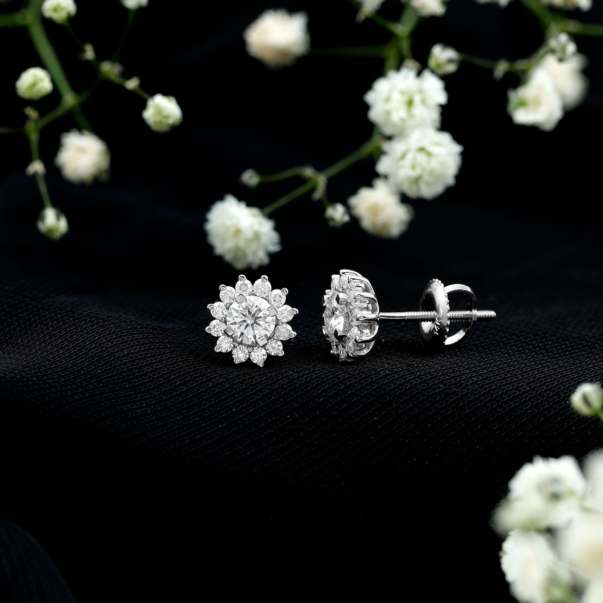 Certified Round Cut Moissanite Halo Stud Earrings for Women D-VS1 - Rosec Jewels