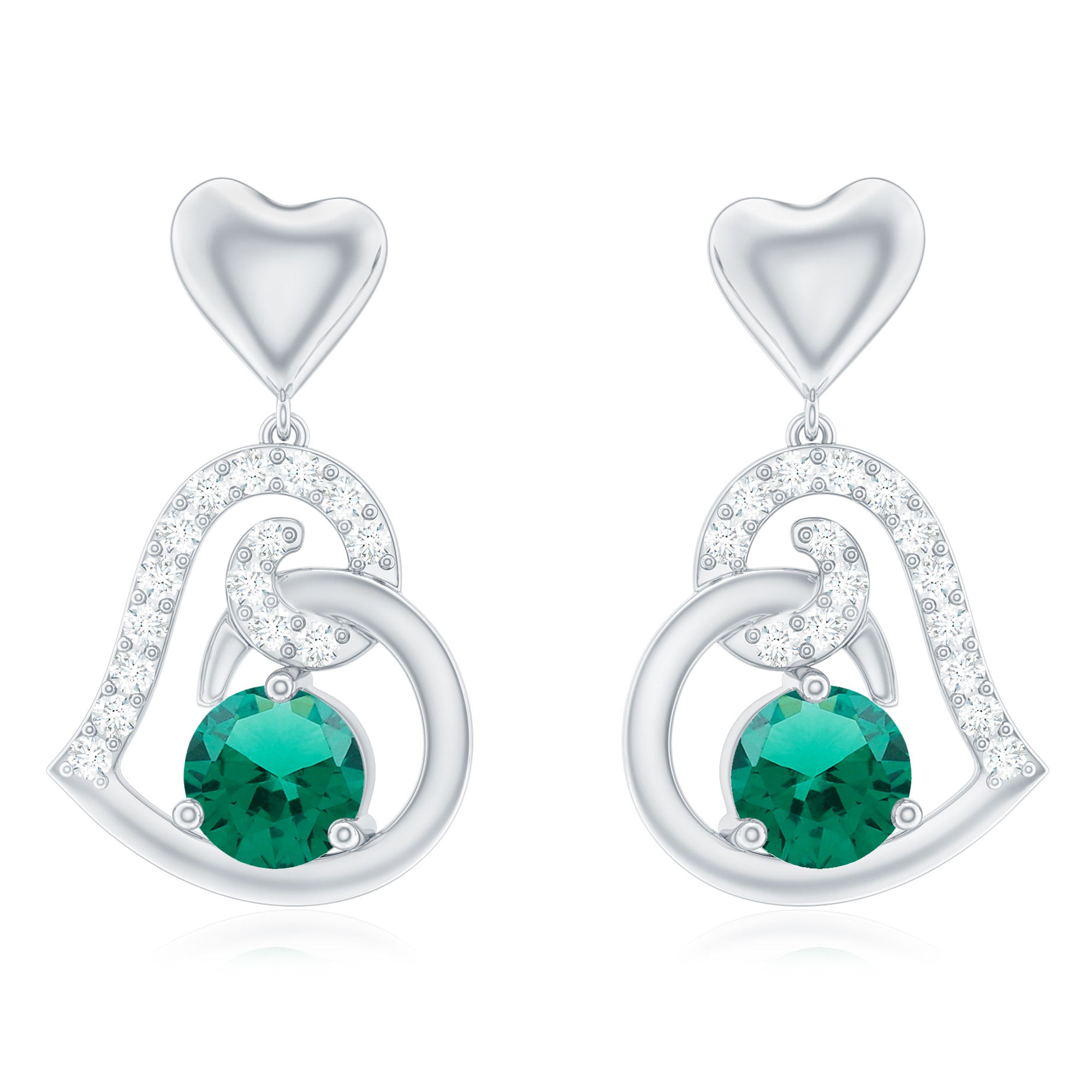 Lab Created Emerald Heart Drop Earrings with Diamonds AAAA - Rosec Jewels