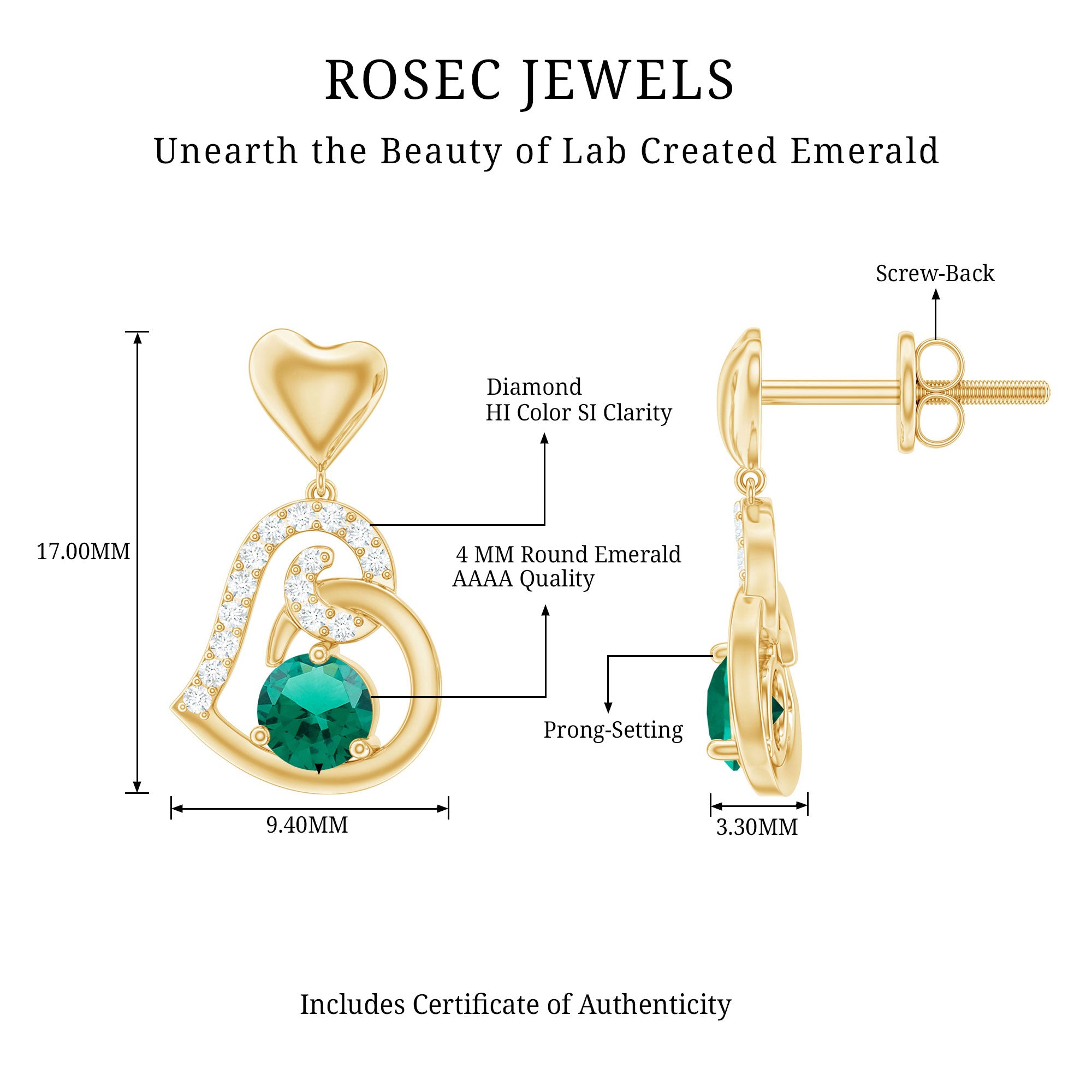Lab Created Emerald Heart Drop Earrings with Diamonds AAAA - Rosec Jewels