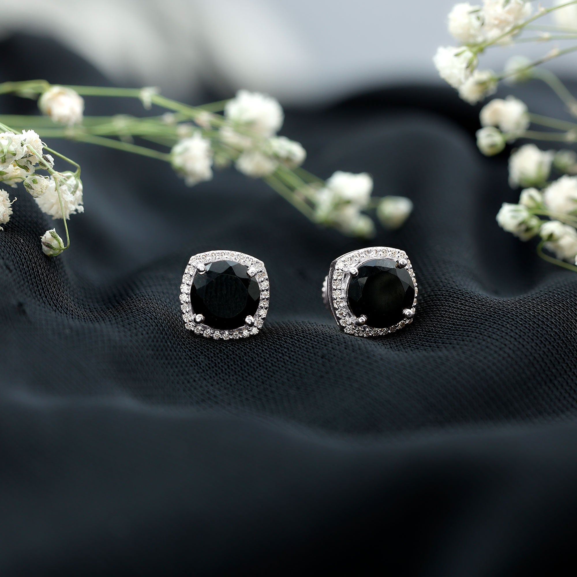 Lab Grown Black and White Diamond Halo Stud Earrings AAAA ( Synthetic ) - Rosec Jewels