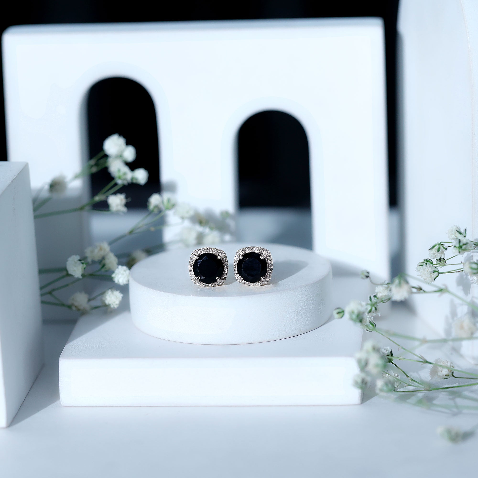 Lab Grown Black and White Diamond Halo Stud Earrings AAAA ( Synthetic ) - Rosec Jewels