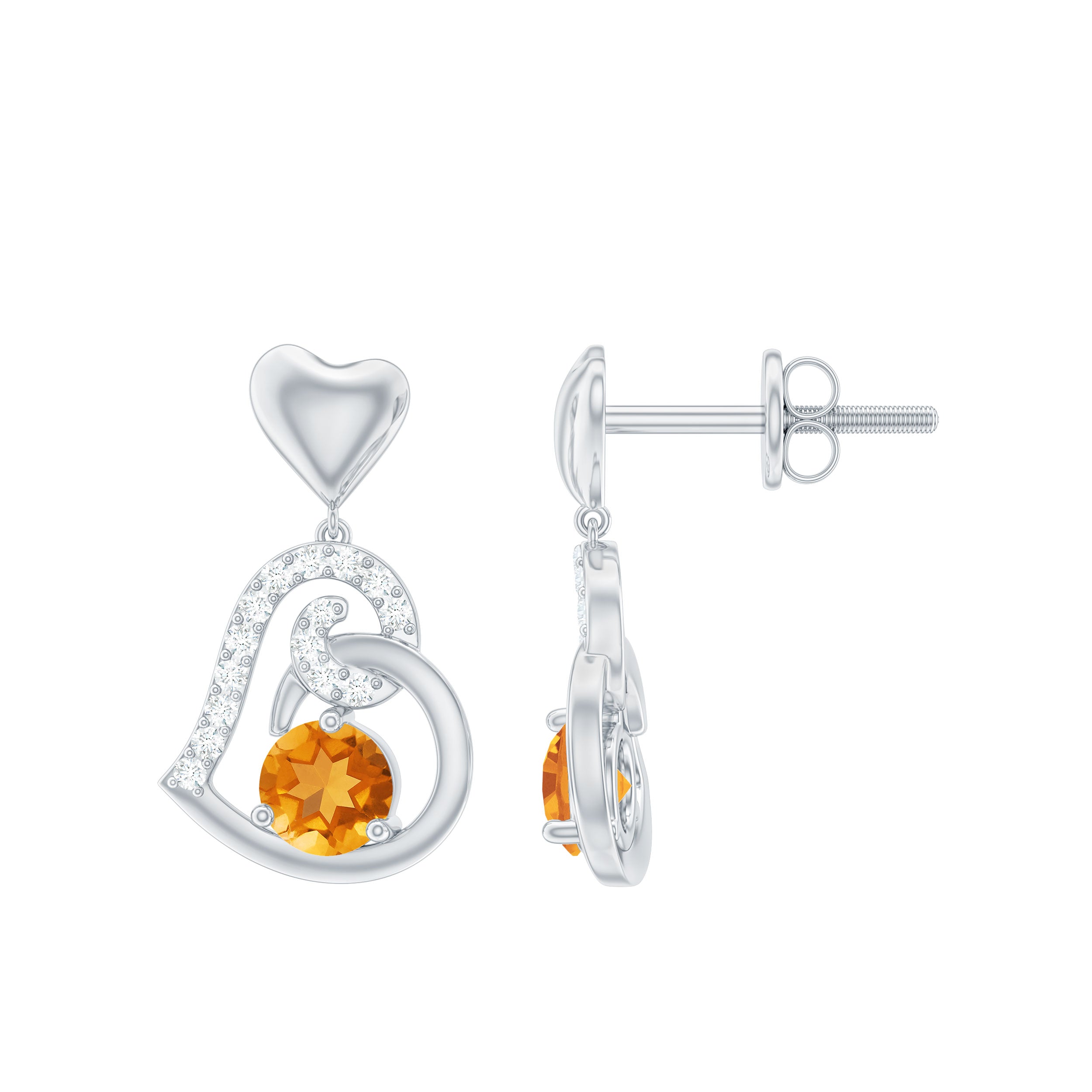 Round Citrine and Moissanite Accent Heart Drop Earring