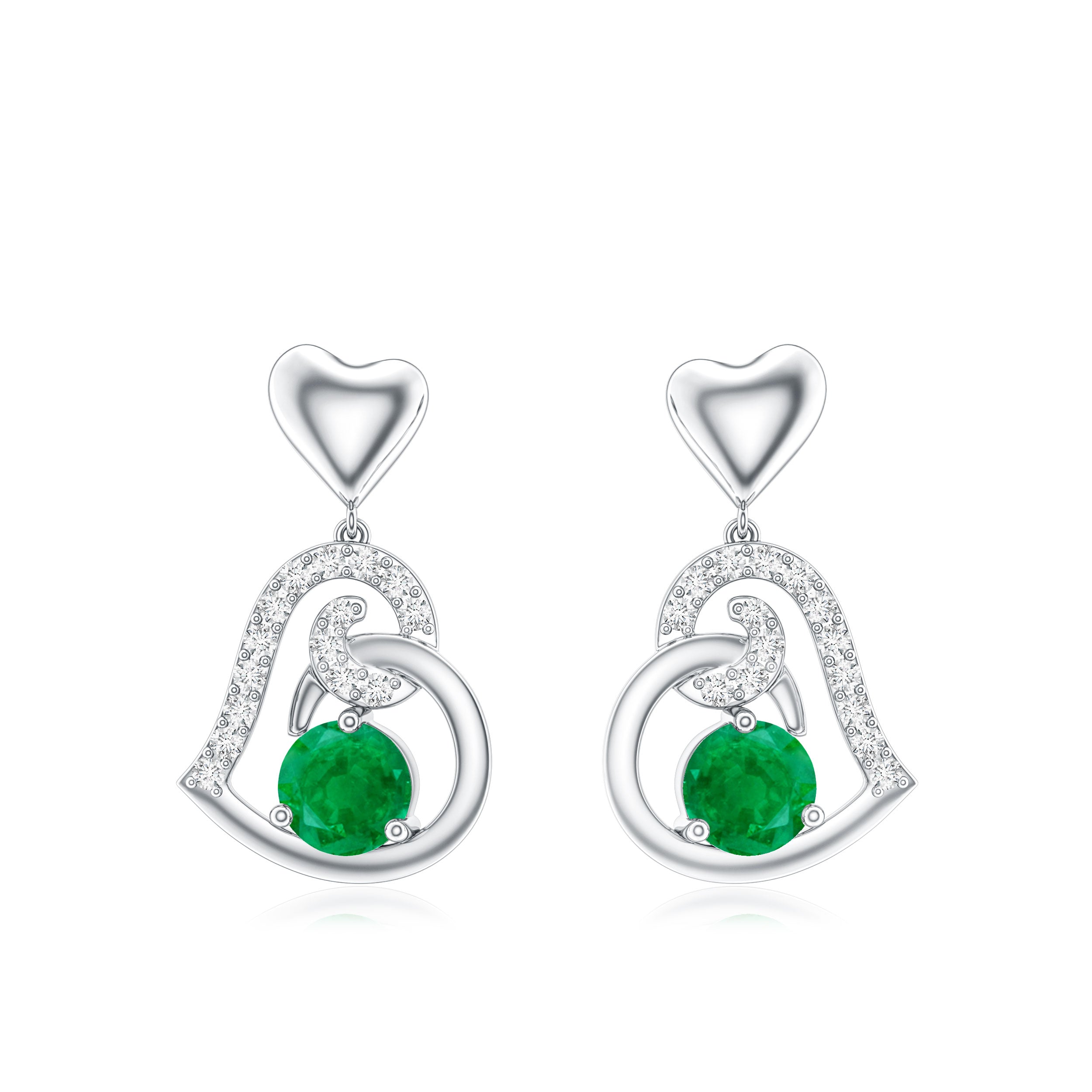 0.9 Carat Round Emerald and Diamond Heart Drop Earrings AAA - Rosec Jewels