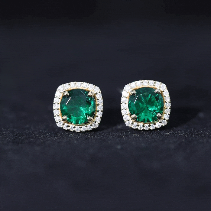 6 MM Lab Grown Emerald Stud Earrings with Diamond Halo AAAA - Rosec Jewels