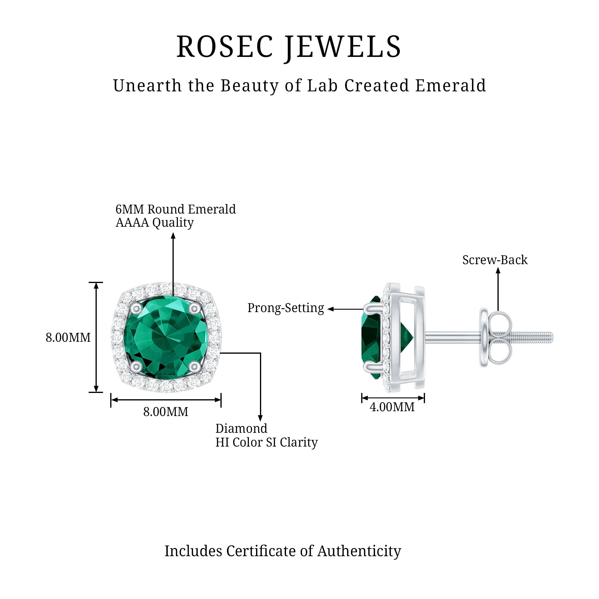 6 MM Lab Grown Emerald Stud Earrings with Diamond Halo AAAA - Rosec Jewels