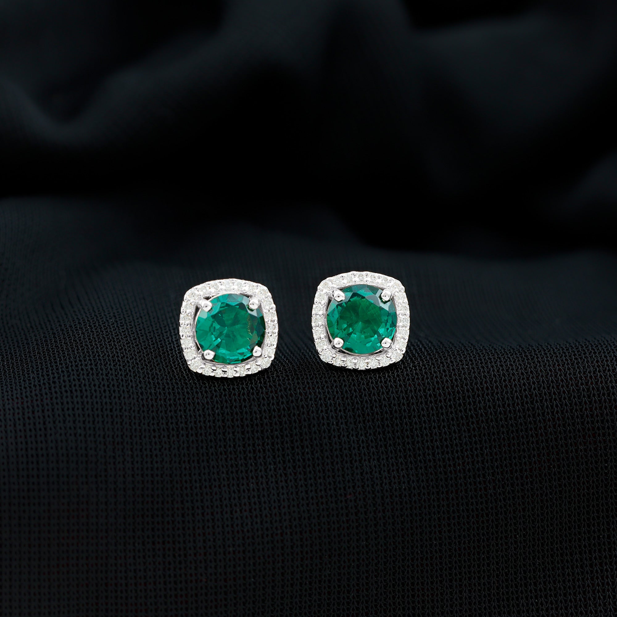 6 MM Lab Grown Emerald Stud Earrings with Diamond Halo AAAA - Rosec Jewels