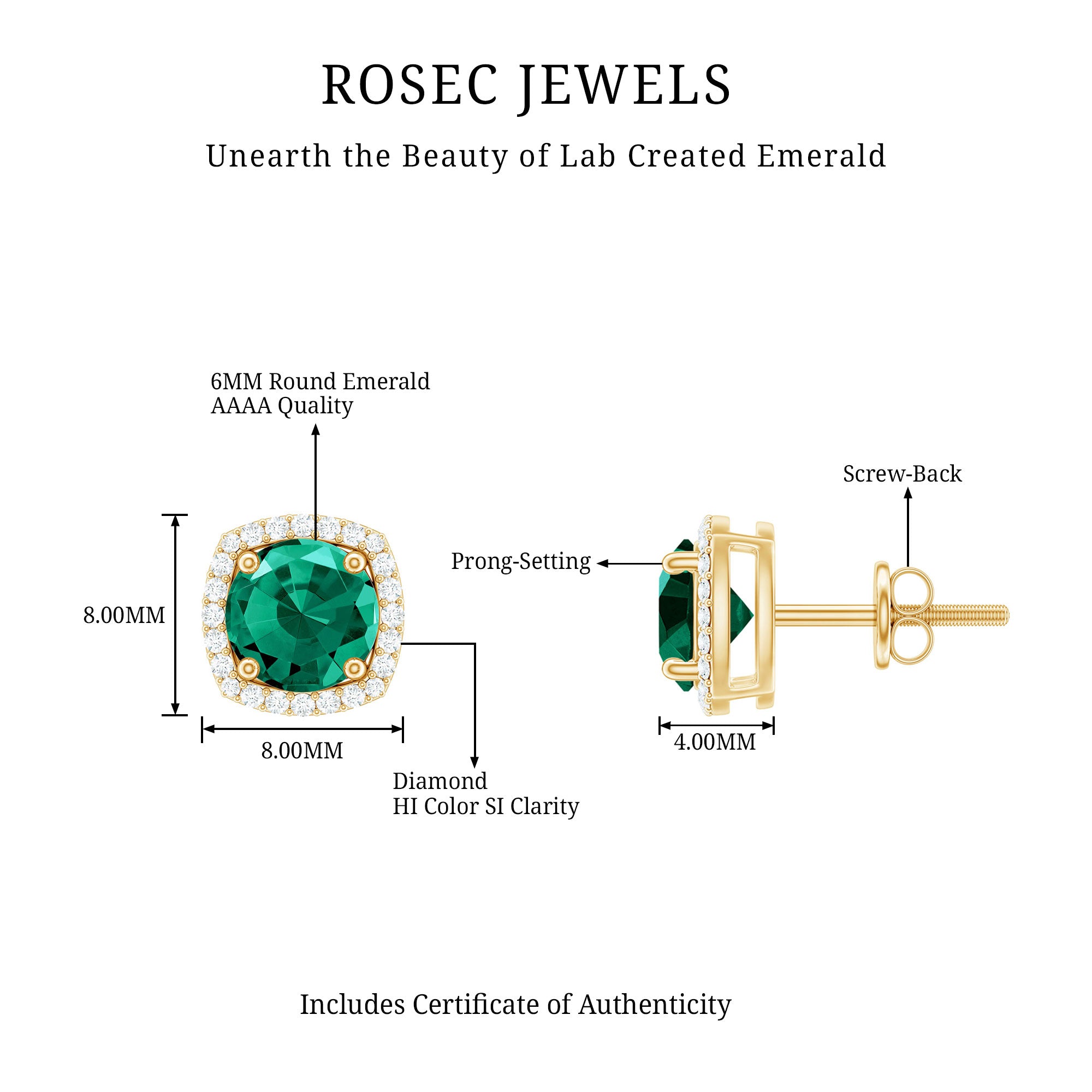 6 MM Lab Grown Emerald Stud Earrings with Diamond Halo AAAA - Rosec Jewels