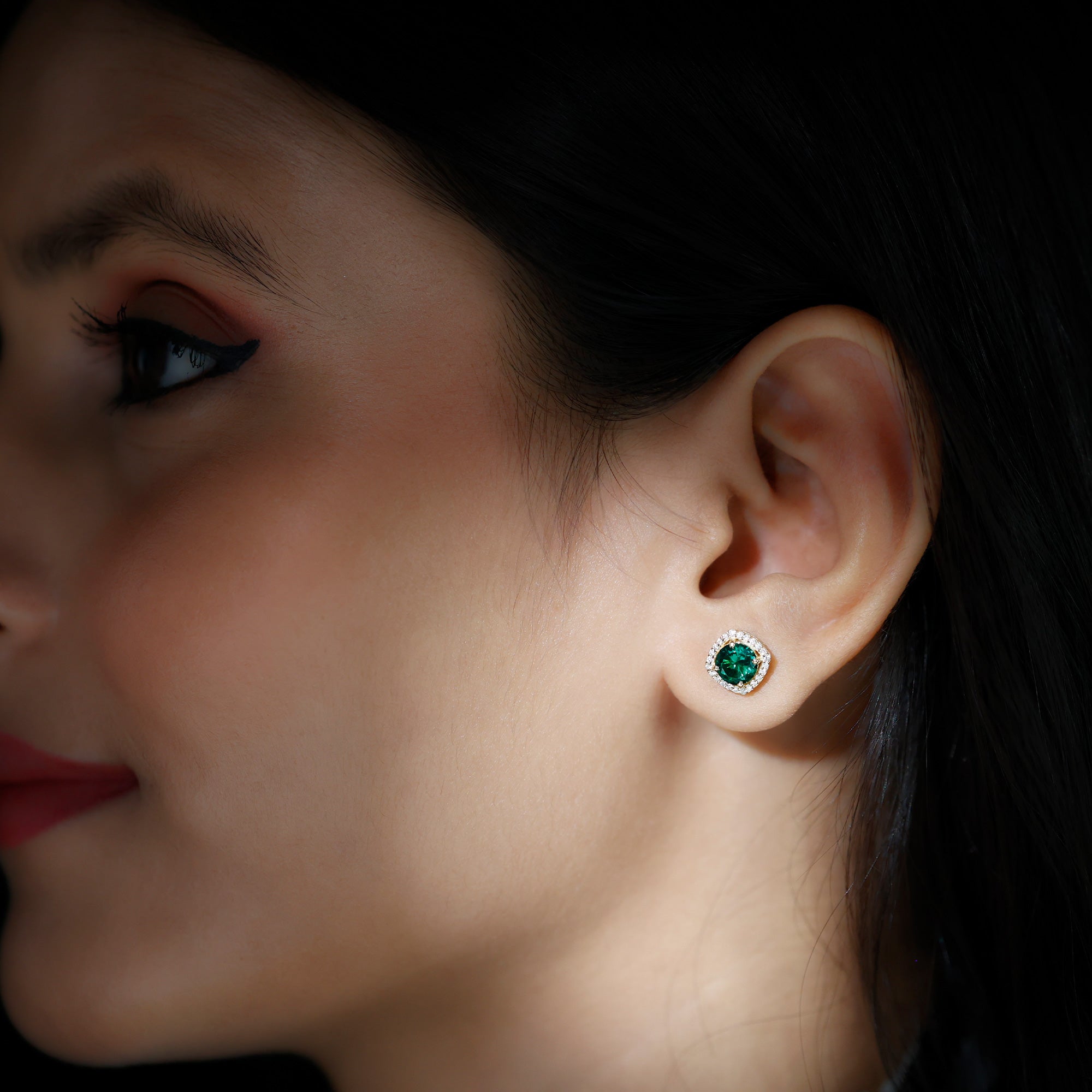 6 MM Lab Grown Emerald Stud Earrings with Diamond Halo AAAA - Rosec Jewels