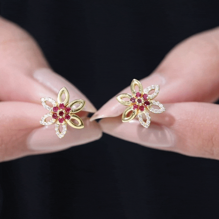 Natural Ruby Floral Stud Earrings with Diamond Stones AAA - Rosec Jewels