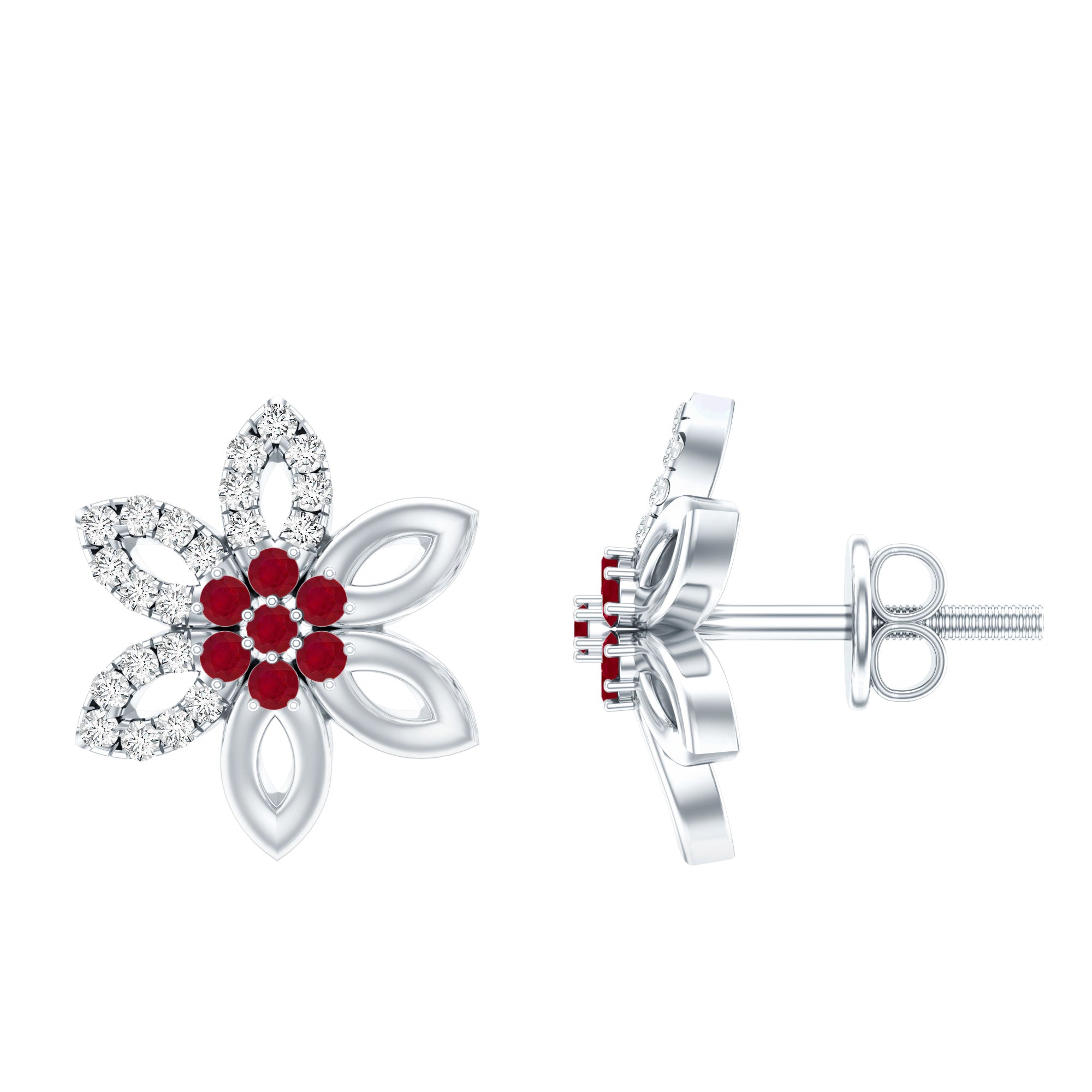 Natural Ruby Floral Stud Earrings with Diamond Stones AAA - Rosec Jewels