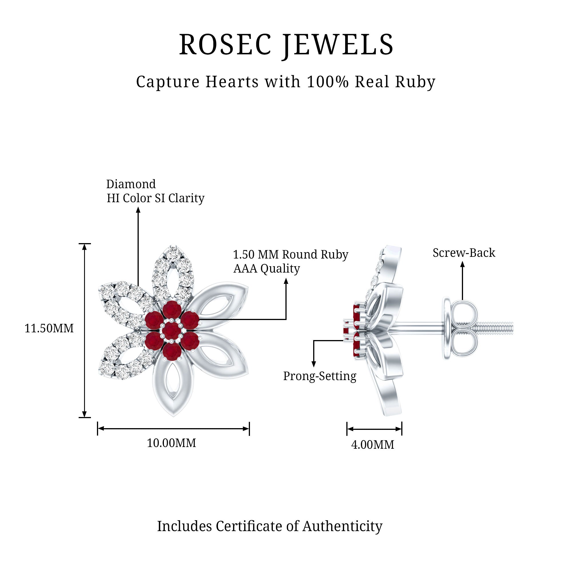 Natural Ruby Floral Stud Earrings with Diamond Stones AAA - Rosec Jewels