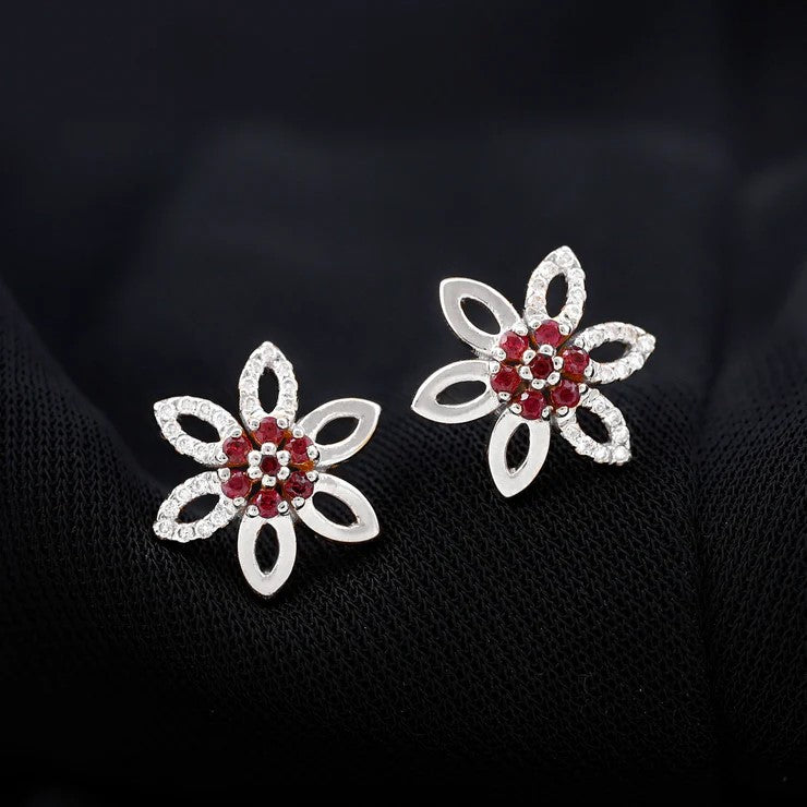 Natural Ruby Floral Stud Earrings with Diamond Stones AAA - Rosec Jewels