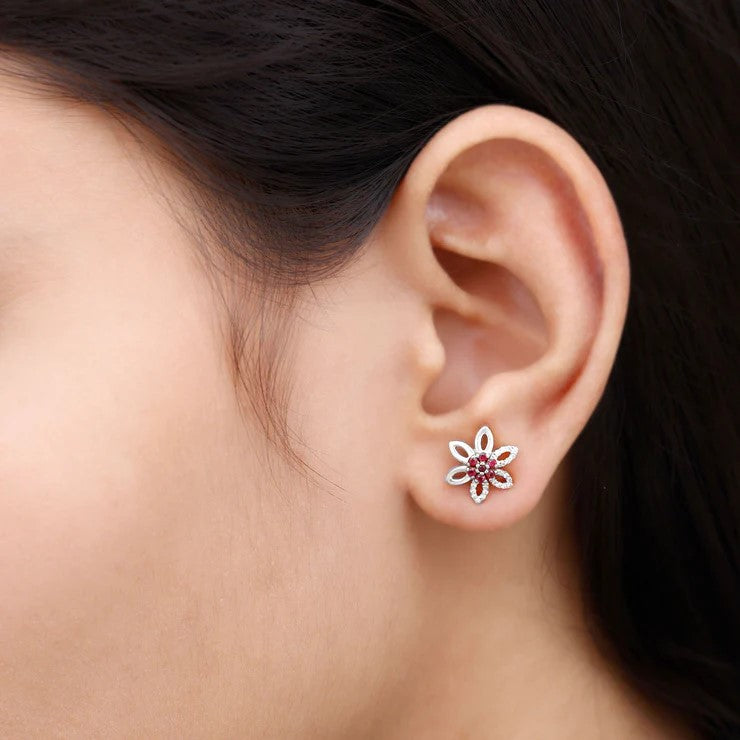 Natural Ruby Floral Stud Earrings with Diamond Stones AAA - Rosec Jewels