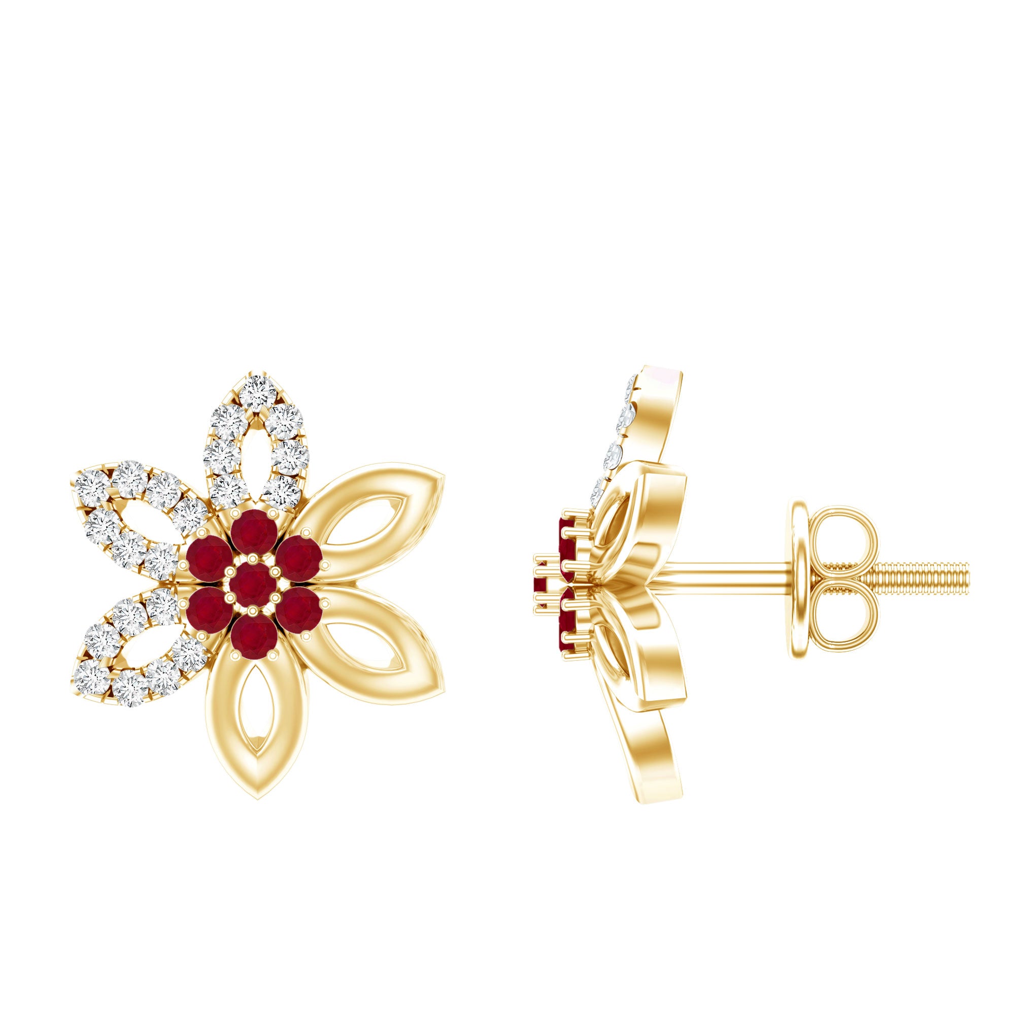 Natural Ruby Floral Stud Earrings with Diamond Stones AAA - Rosec Jewels