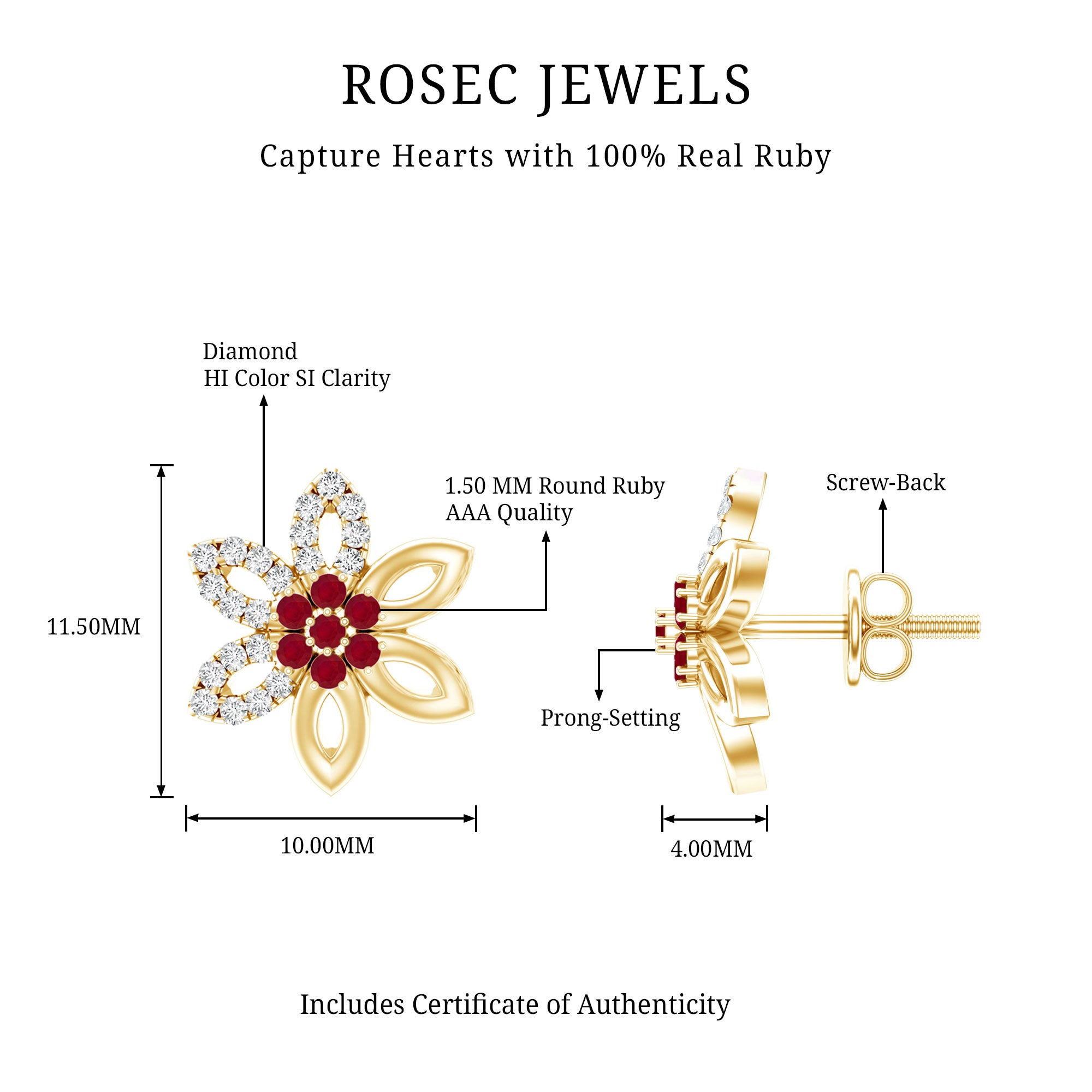 Natural Ruby Floral Stud Earrings with Diamond Stones AAA - Rosec Jewels