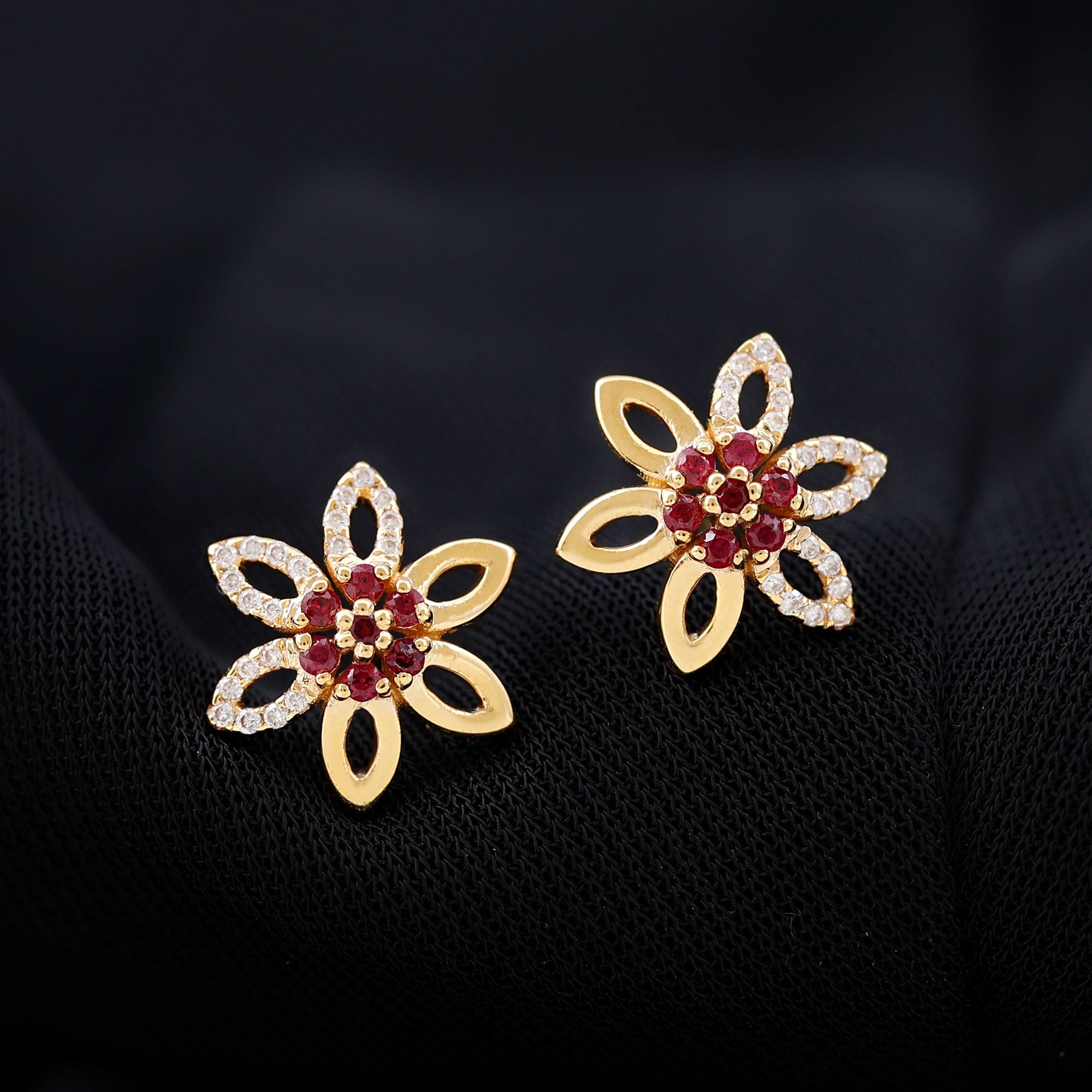 Natural Ruby Floral Stud Earrings with Diamond Stones AAA - Rosec Jewels
