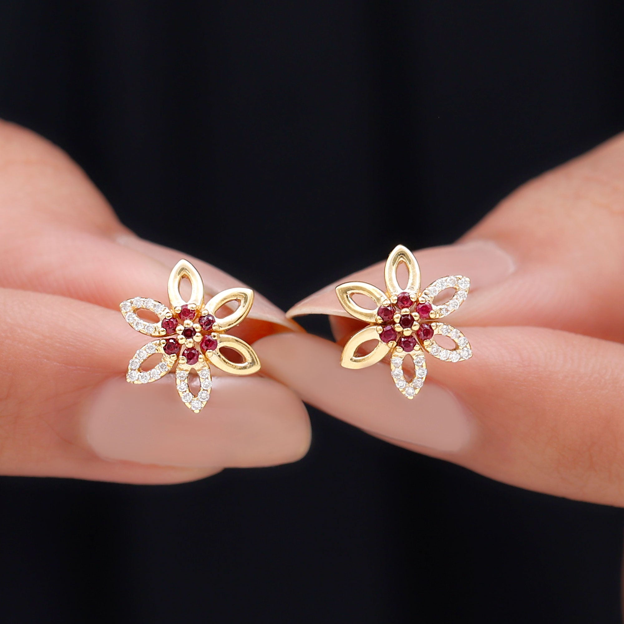 Natural Ruby Floral Stud Earrings with Diamond Stones AAA - Rosec Jewels