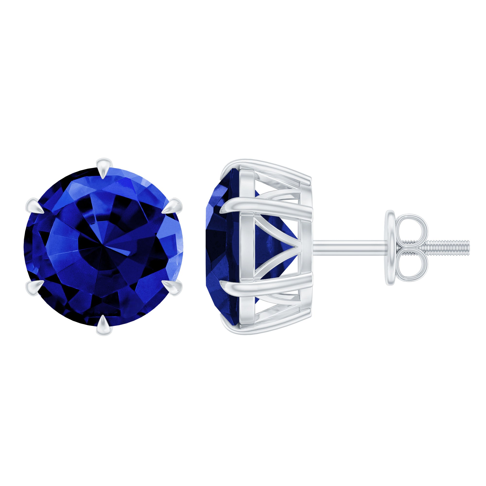 Round Lab Grown Blue Sapphire Solitaire Stud Earrings in 6 Claw Prong Setting