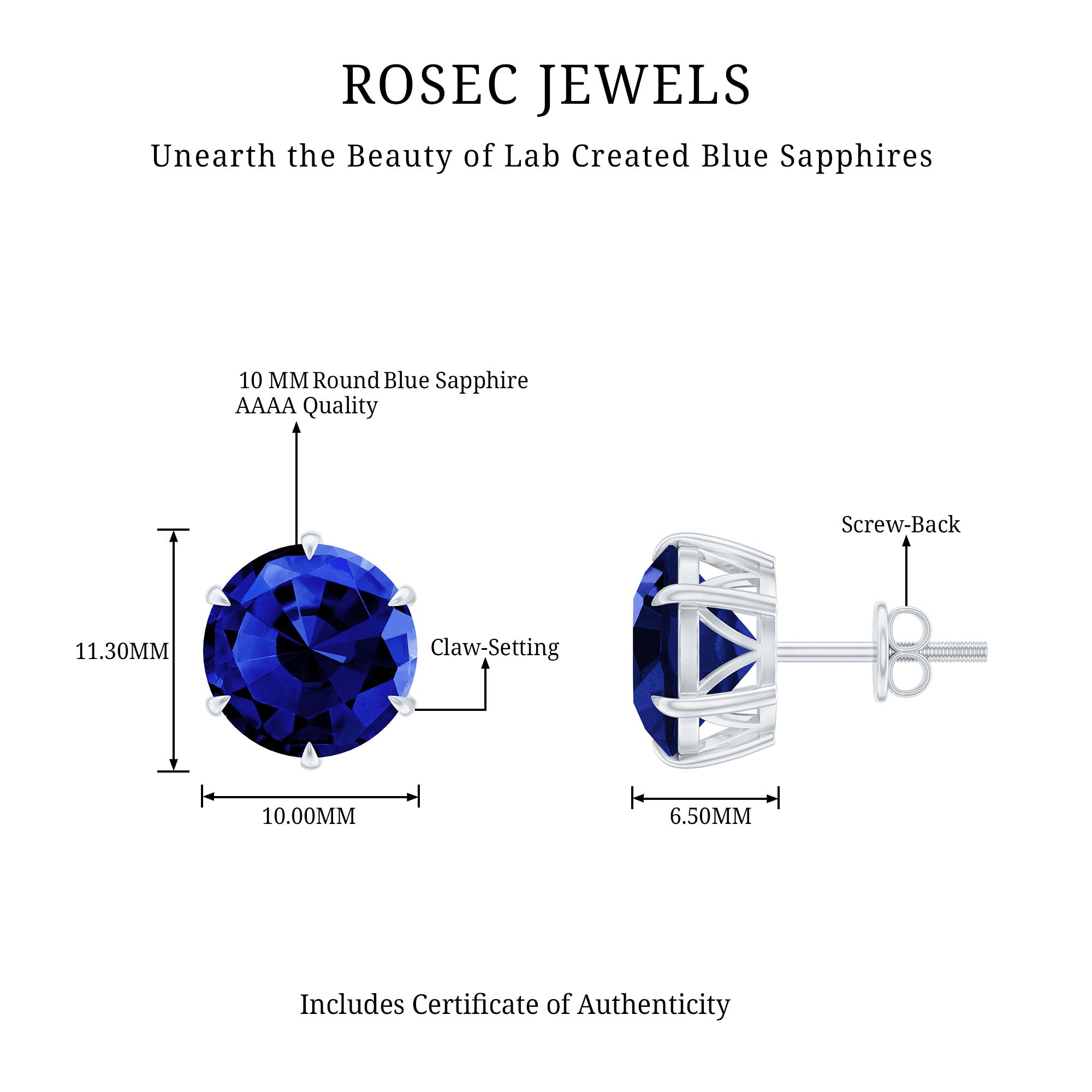 Round Lab Grown Blue Sapphire Solitaire Stud Earrings AAAA - Rosec Jewels