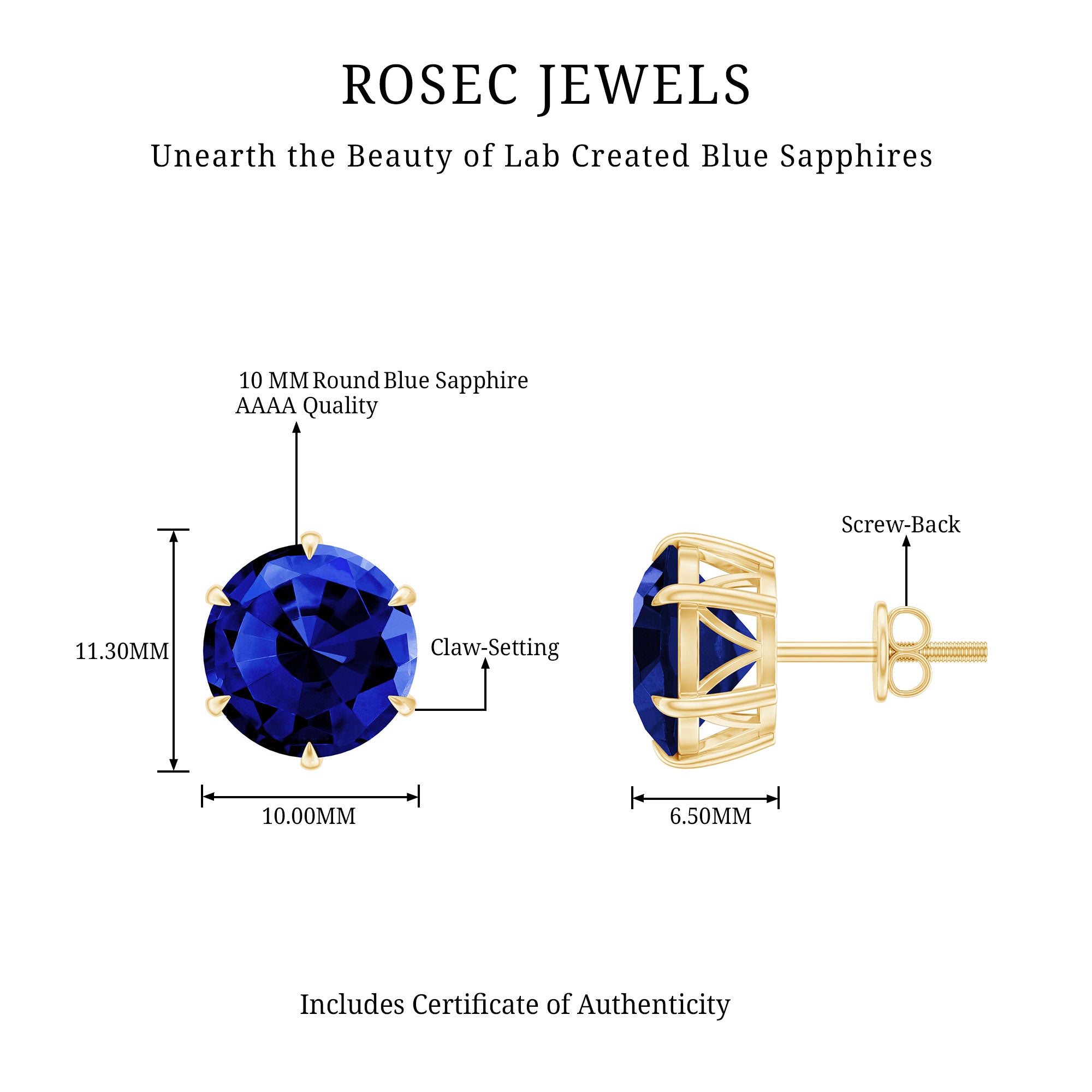 Round Lab Grown Blue Sapphire Solitaire Stud Earrings AAAA - Rosec Jewels
