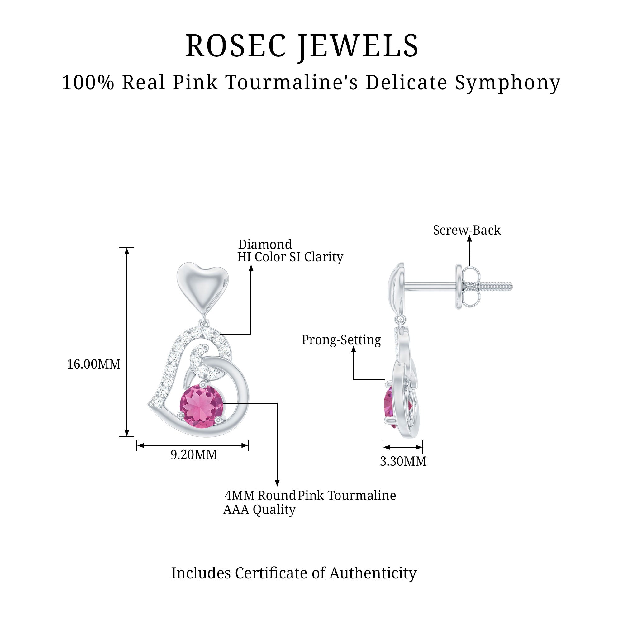 Real Pink Tourmaline and Diamond Heart Drop Earrings AAA - Rosec Jewels