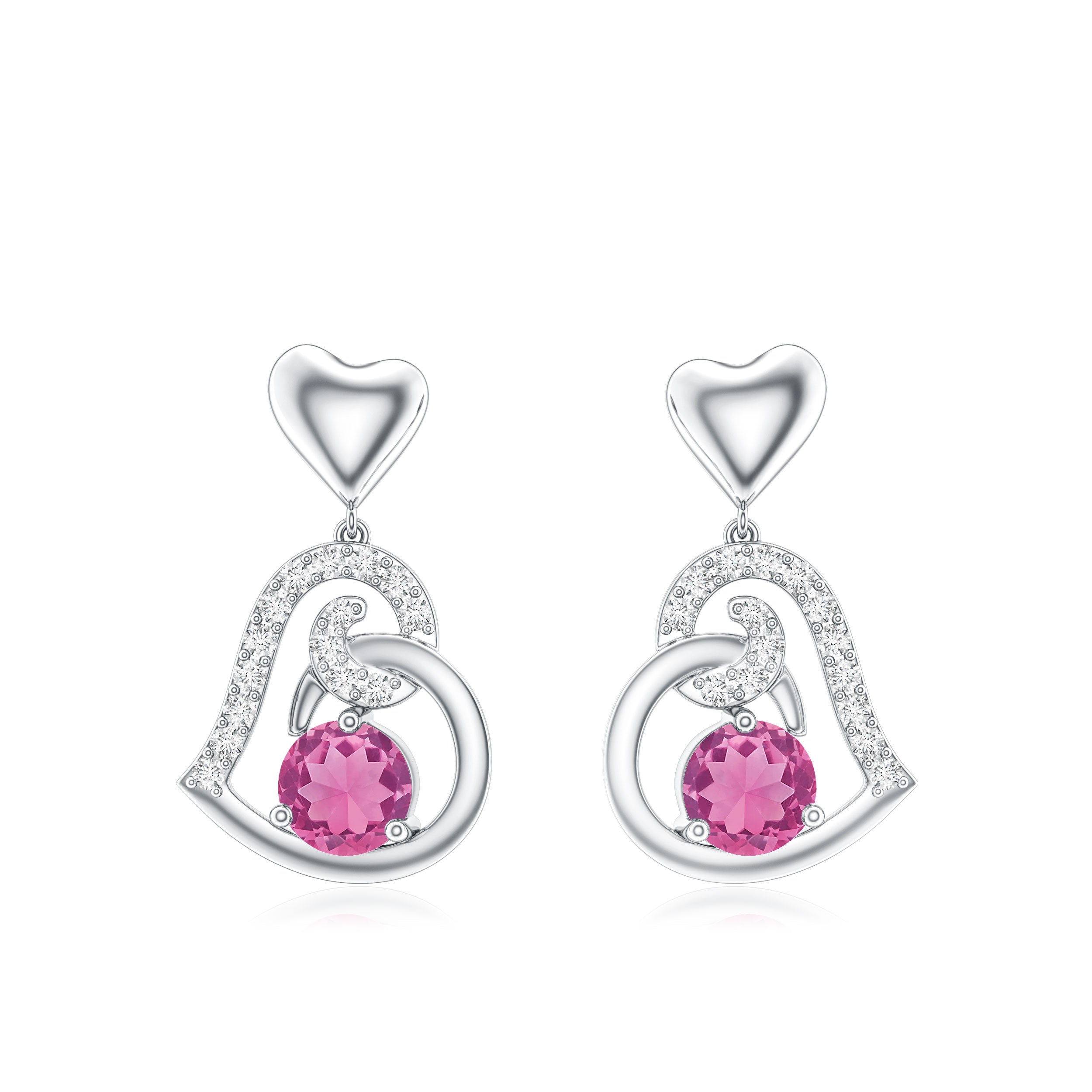 Real Pink Tourmaline and Diamond Heart Drop Earrings AAA - Rosec Jewels