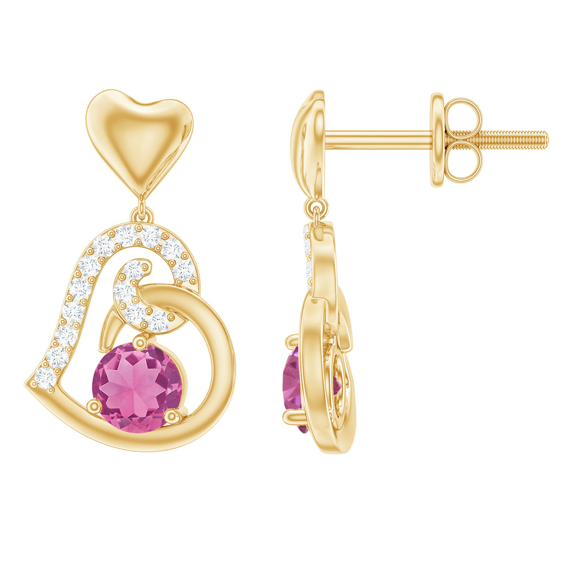 Real Pink Tourmaline and Diamond Heart Drop Earrings AAA - Rosec Jewels