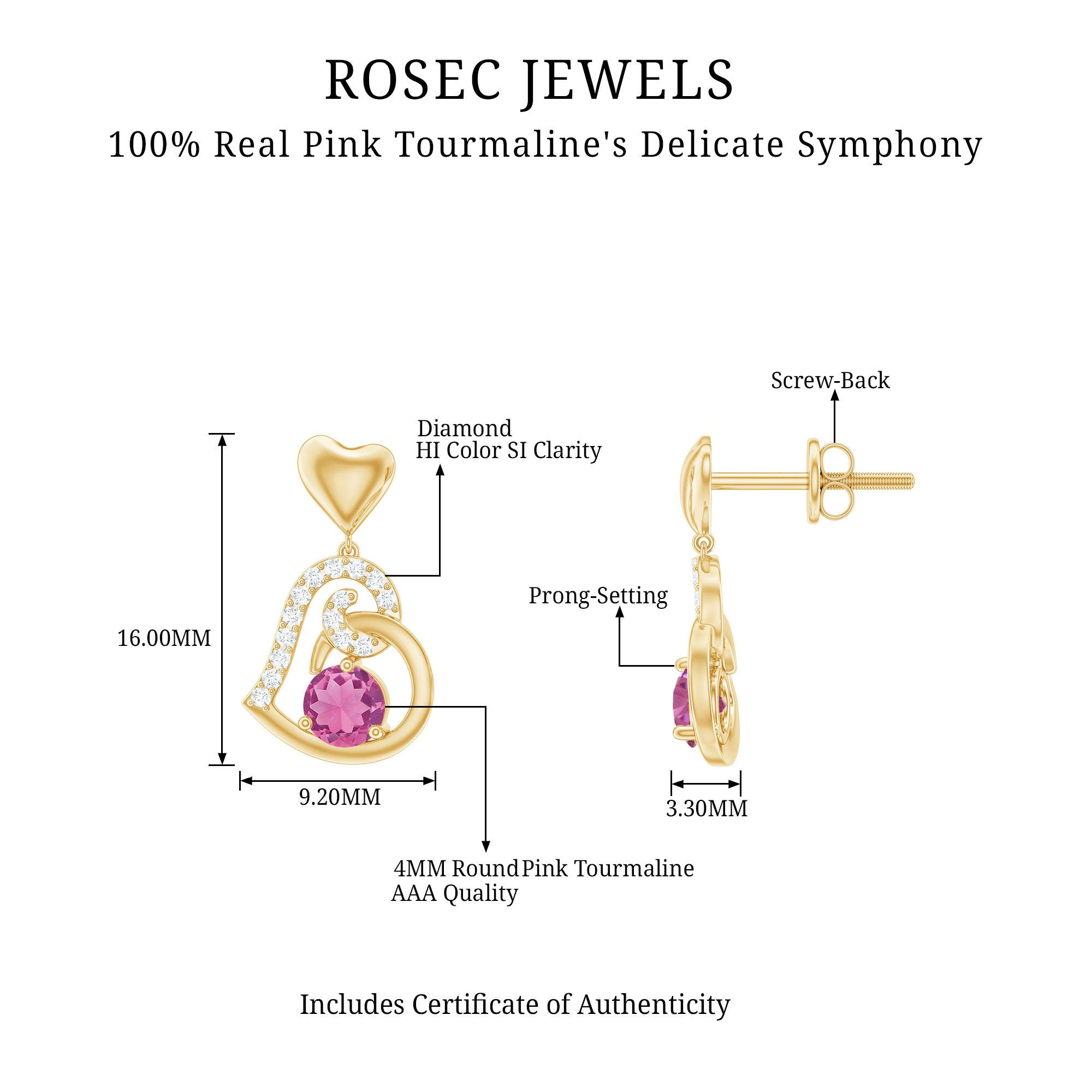 Real Pink Tourmaline and Diamond Heart Drop Earrings AAA - Rosec Jewels
