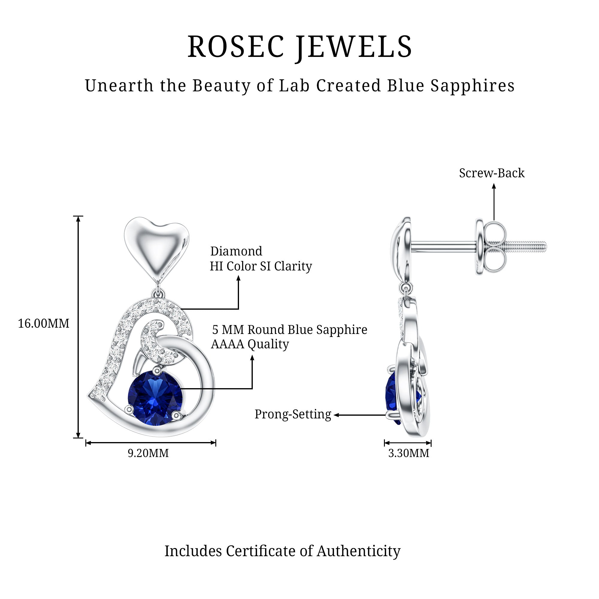 Created Blue Sapphire and Diamond Heart Drop Earrings AAAA - Rosec Jewels