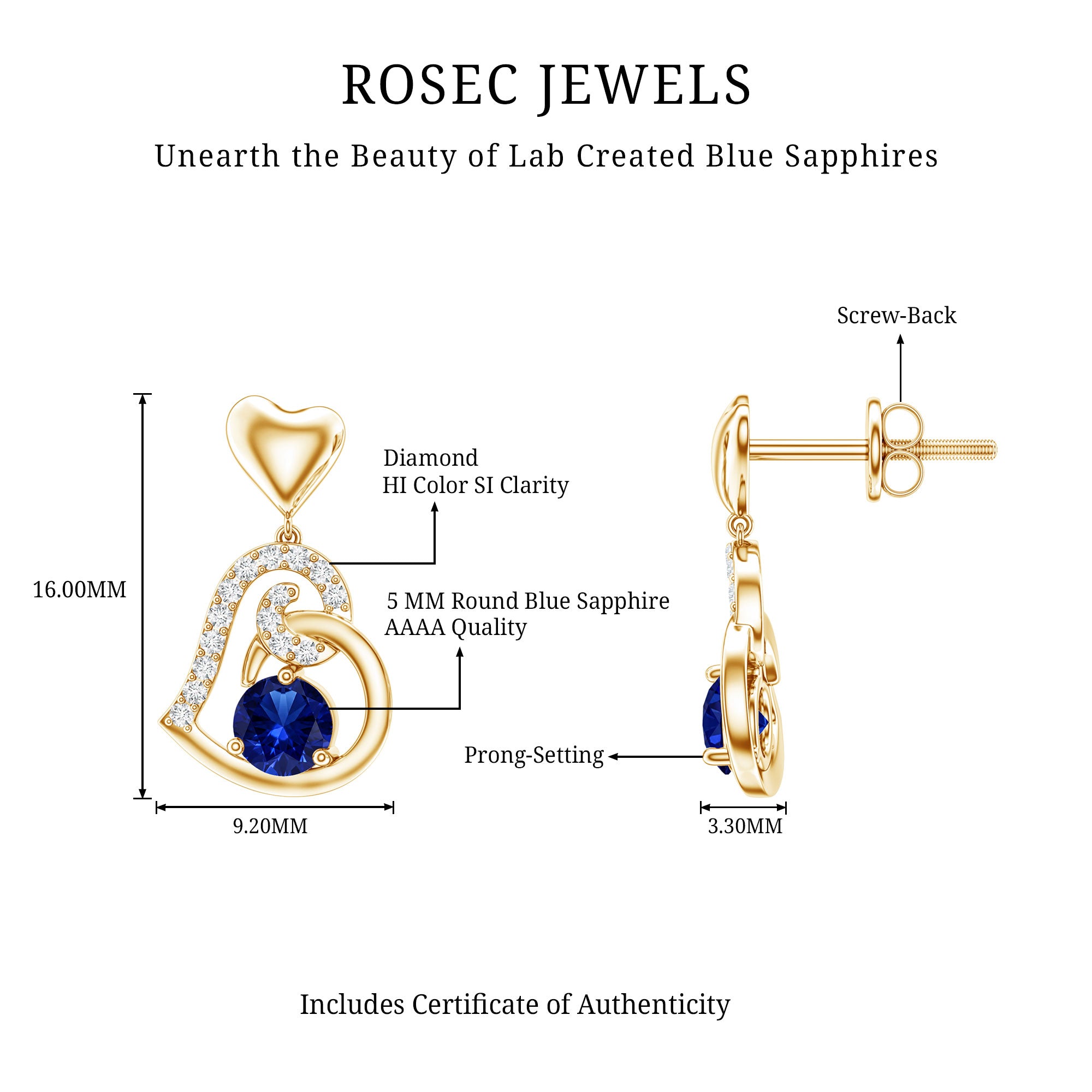Created Blue Sapphire and Diamond Heart Drop Earrings AAAA - Rosec Jewels