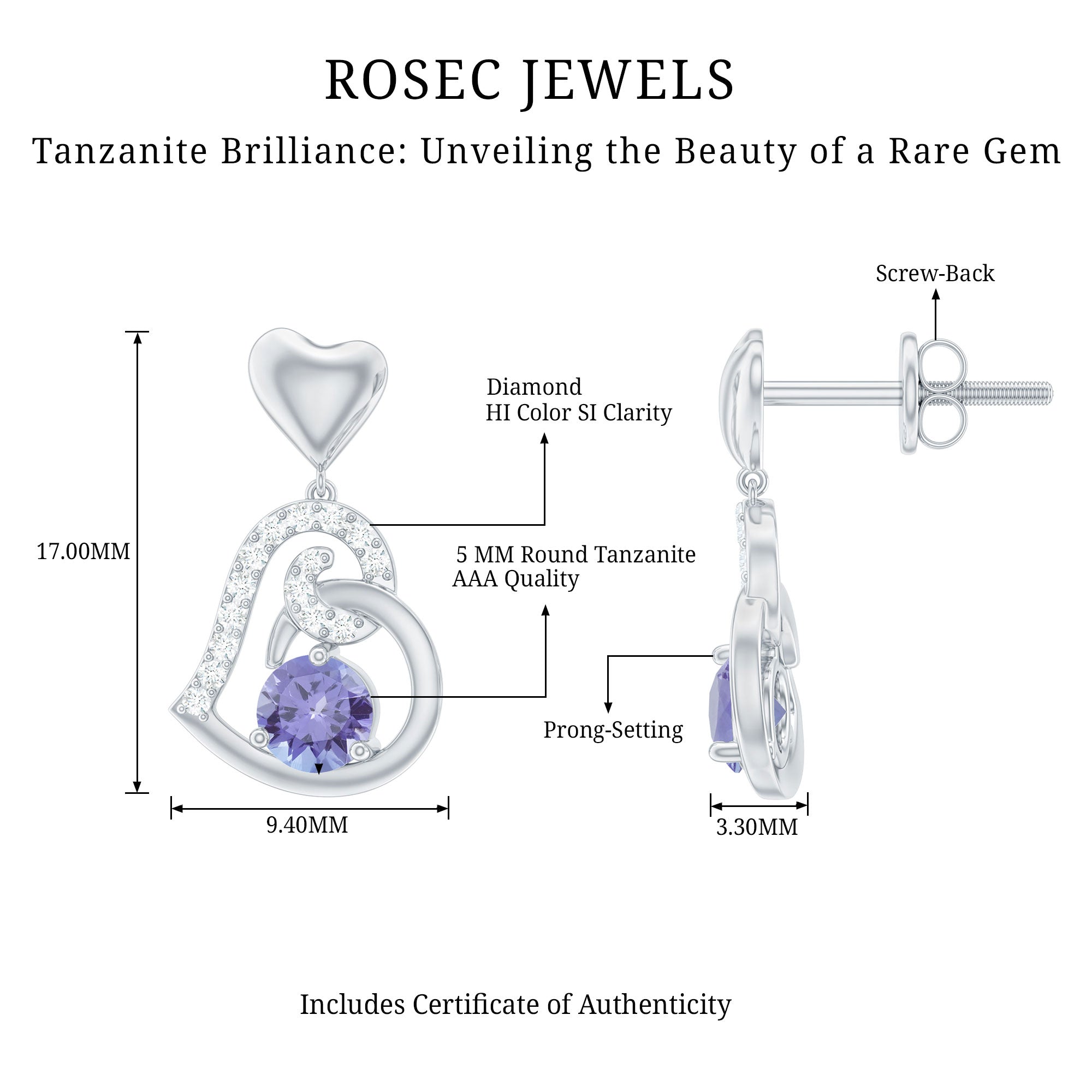 1 Carat Tanzanite and Diamond Heart Drop Earrings AAA - Rosec Jewels