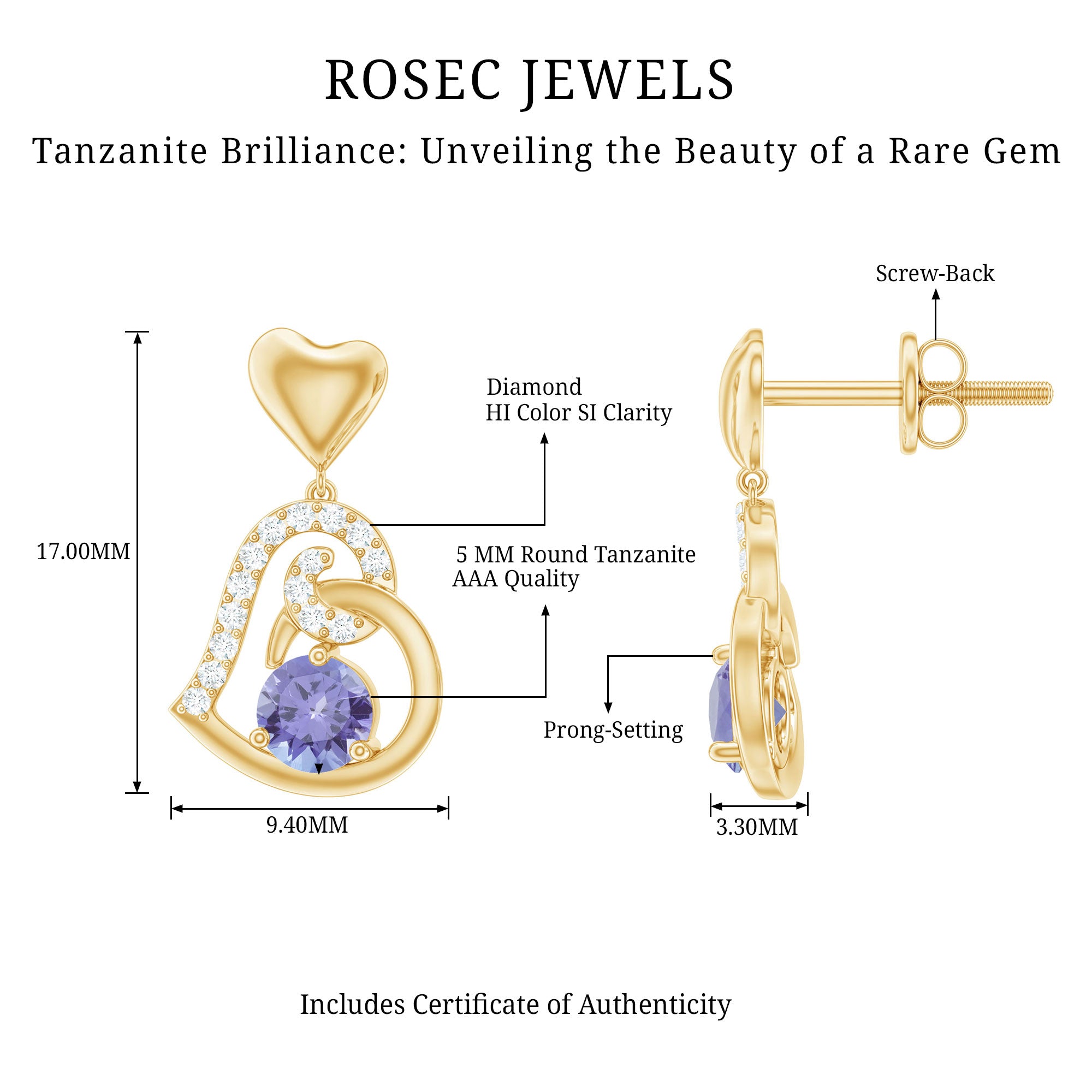 1 Carat Tanzanite and Diamond Heart Drop Earrings AAA - Rosec Jewels