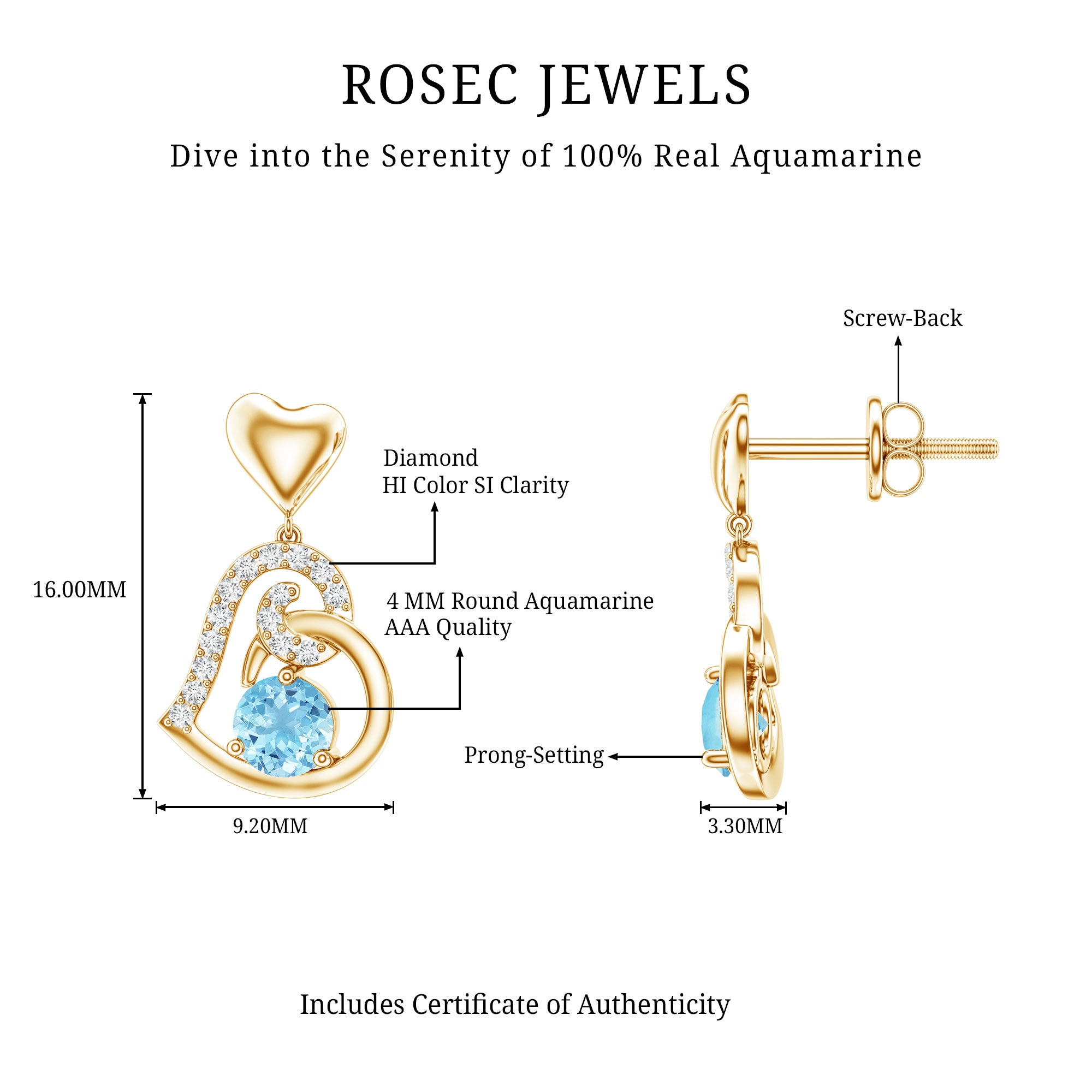 Natural Aquamarine Heart Drop Earrings with Diamond AAA - Rosec Jewels