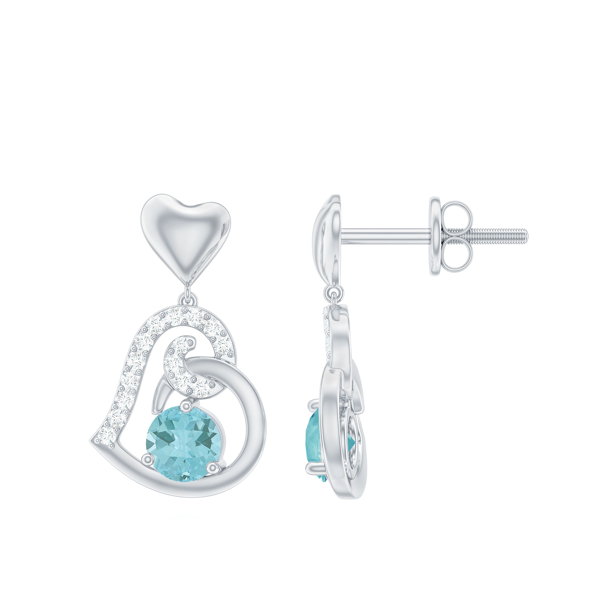Solitaire Sky Blue Topaz Heart Drop Earrings with Diamond Accent
