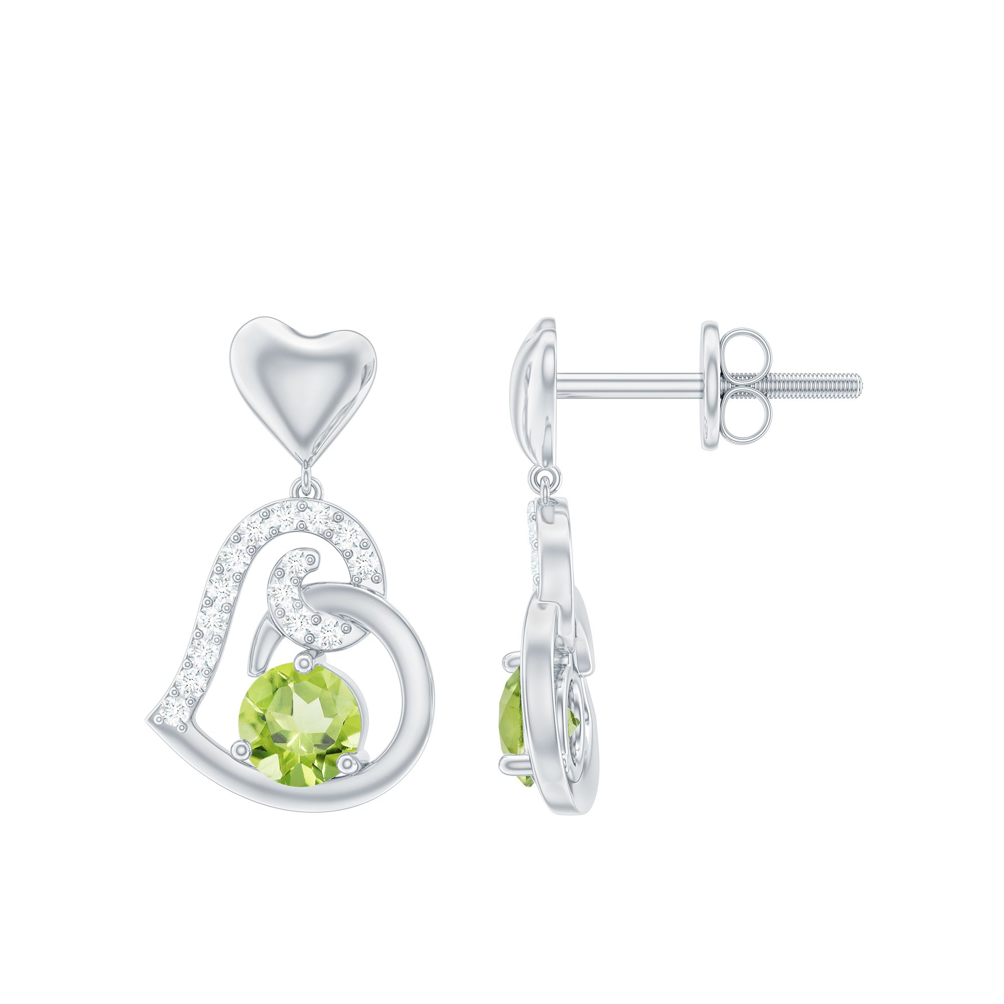 Solitaire Peridot Heart Drop Earrings with Diamond Accent