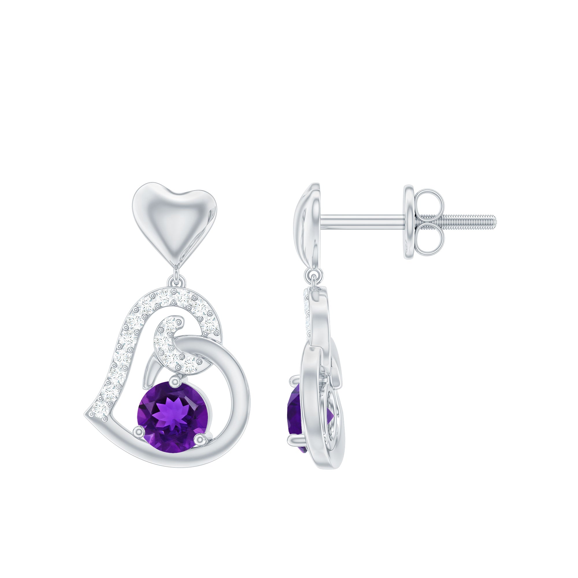 Natural Amethyst Diamond Heart Drop Earrings