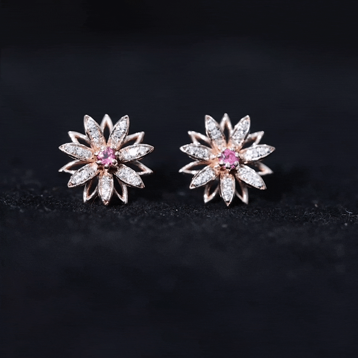 Round Pink Tourmaline Flower Stud Earrings with Diamond AAA - Rosec Jewels