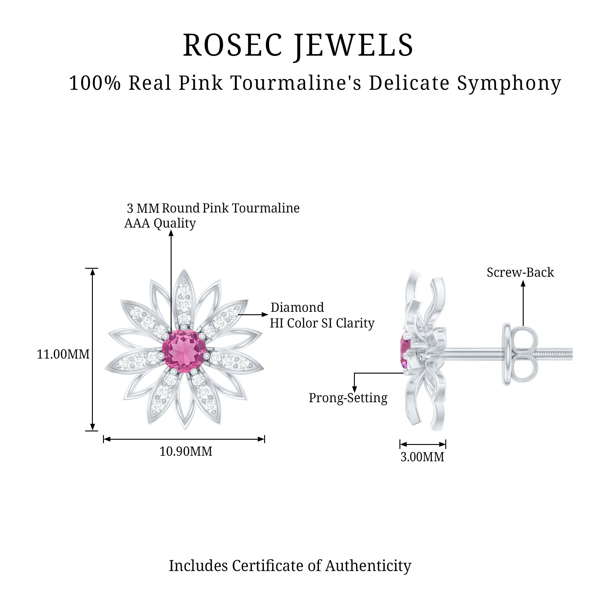 Round Pink Tourmaline Flower Stud Earrings with Diamond AAA - Rosec Jewels