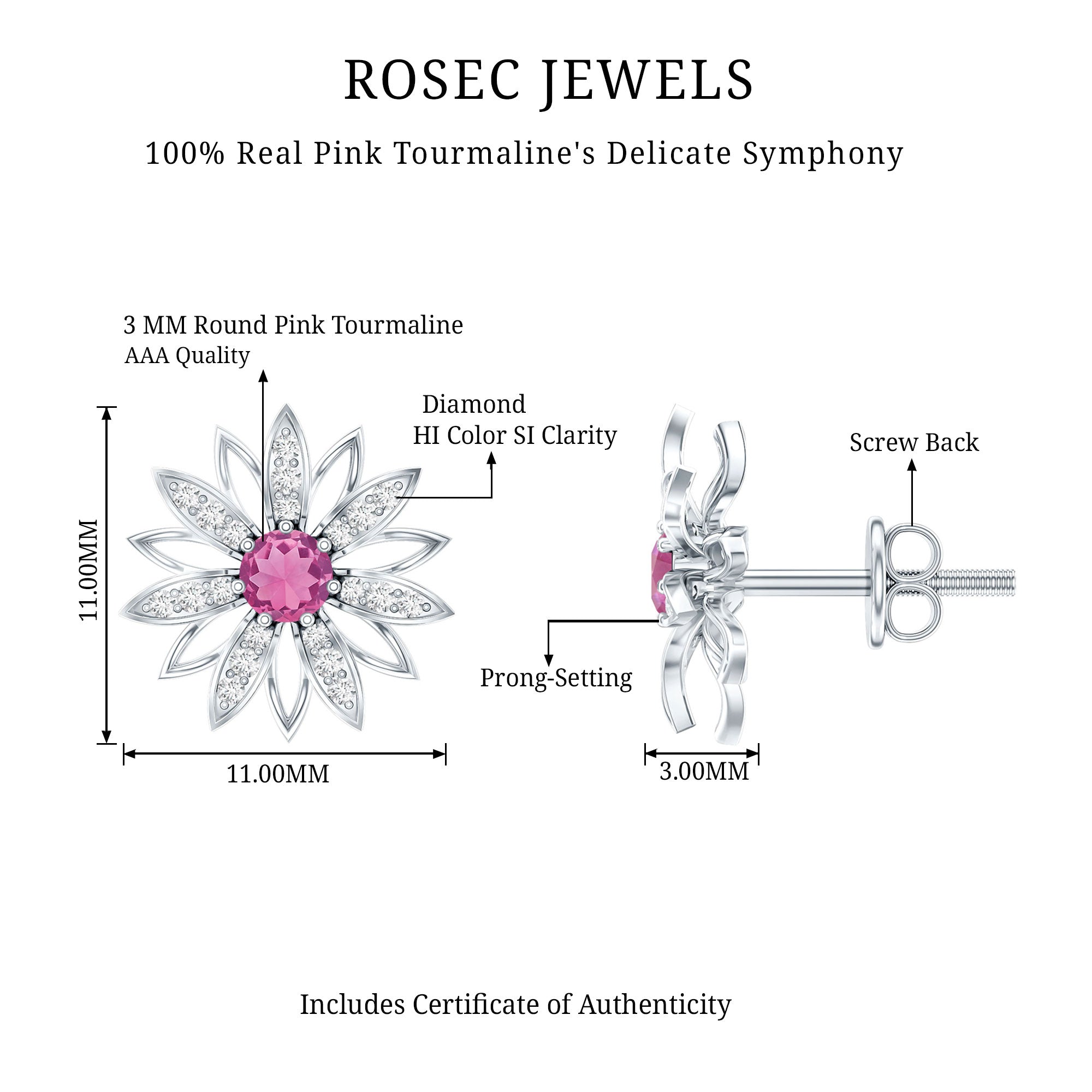 Round Pink Tourmaline Flower Stud Earrings with Diamond AAA - Rosec Jewels