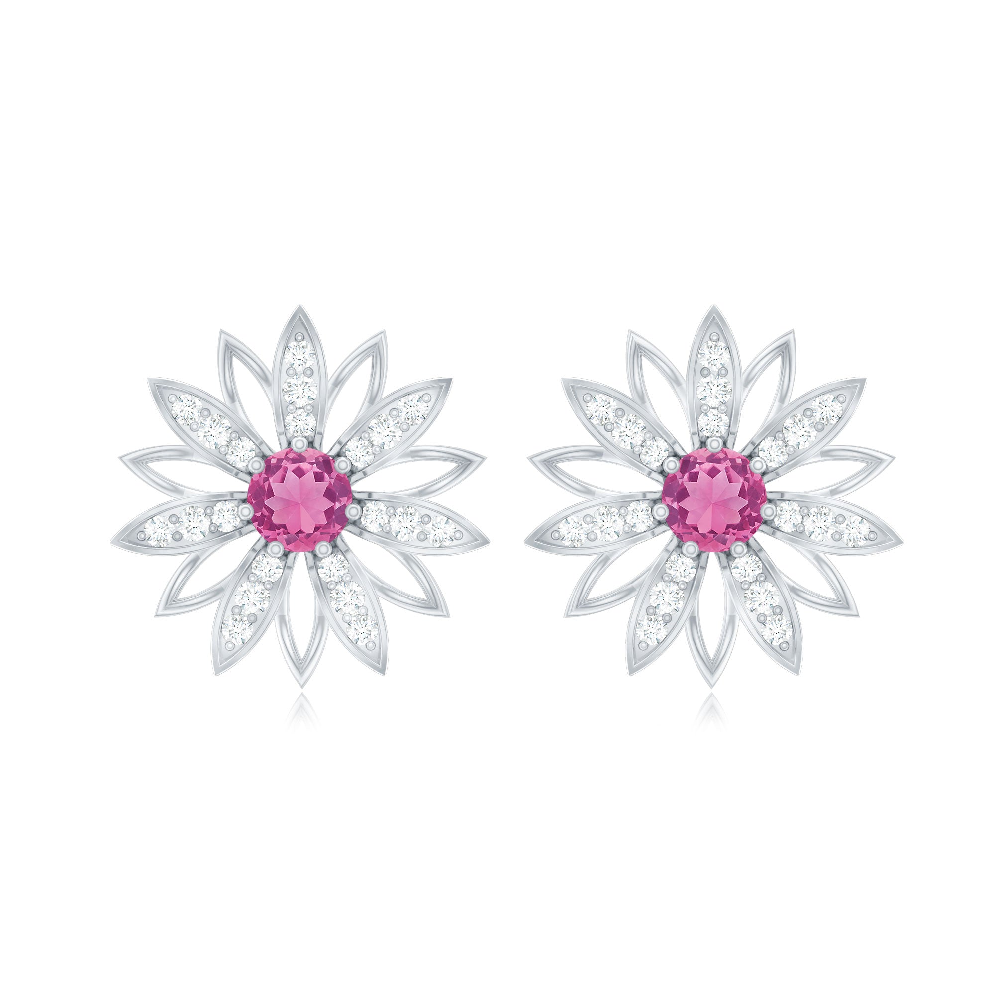 Round Pink Tourmaline Flower Stud Earrings with Diamond AAA - Rosec Jewels