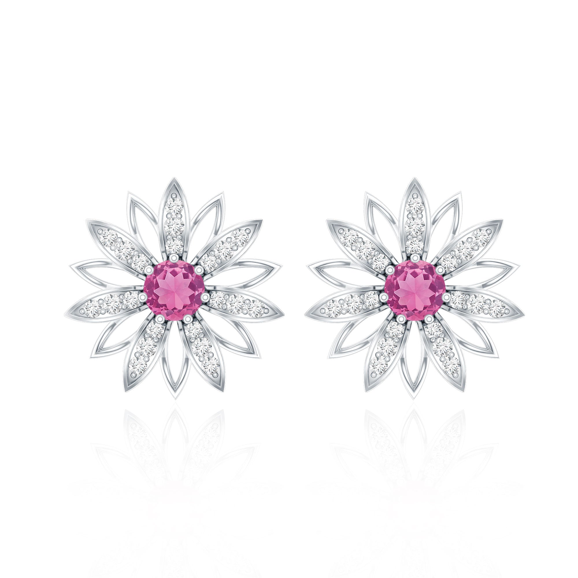 Round Pink Tourmaline Flower Stud Earrings with Diamond AAA - Rosec Jewels