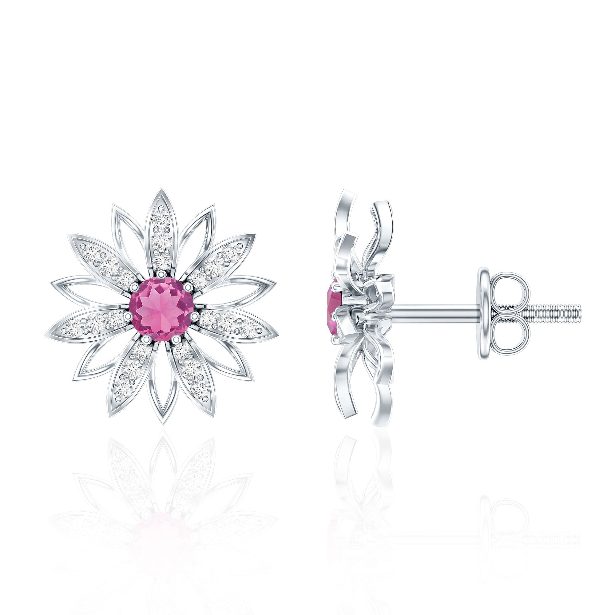 Round Pink Tourmaline Flower Stud Earrings with Diamond AAA - Rosec Jewels