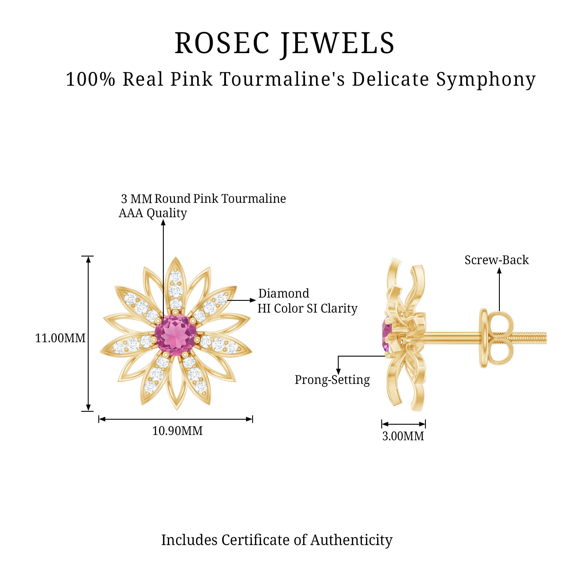 Round Pink Tourmaline Flower Stud Earrings with Diamond AAA - Rosec Jewels