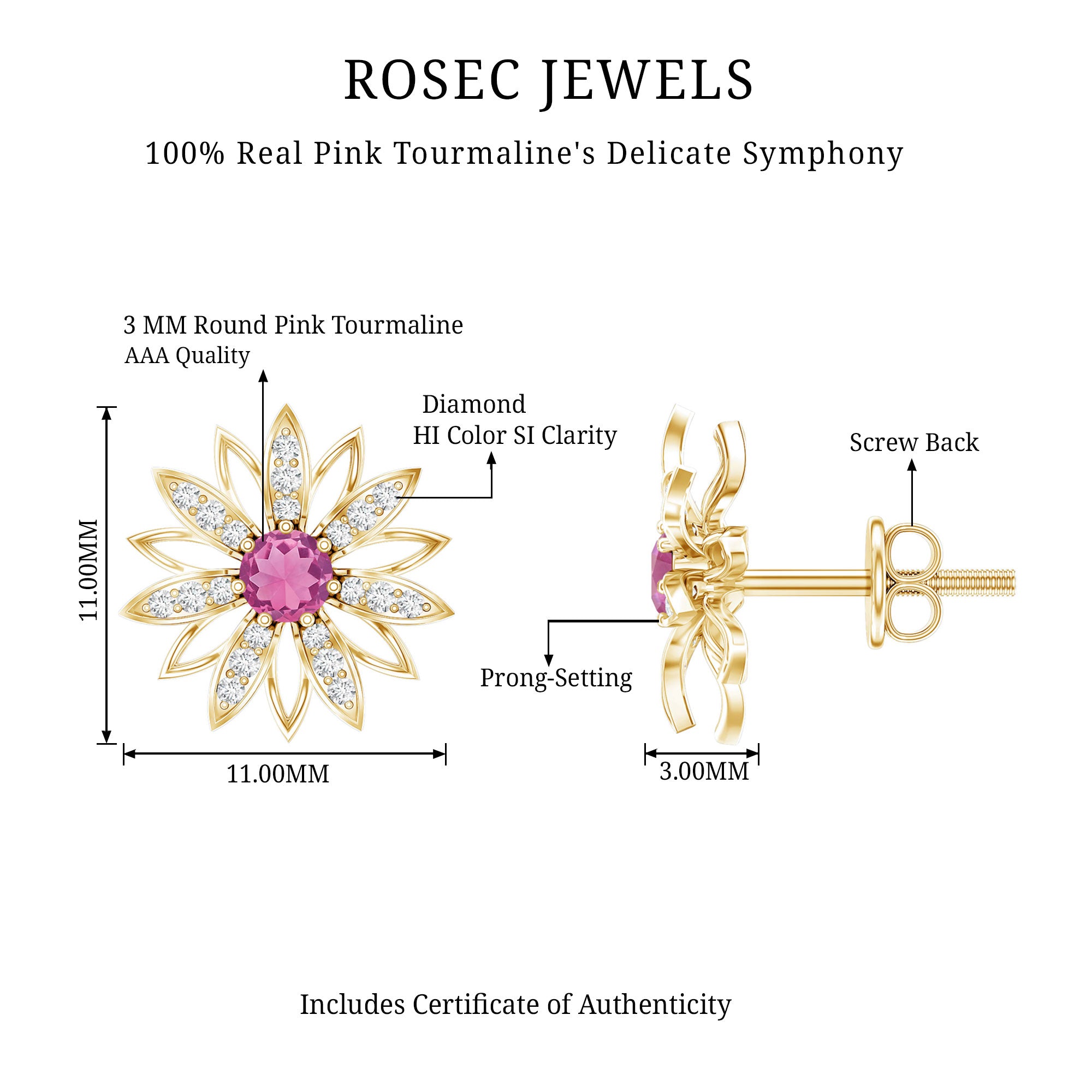 Round Pink Tourmaline Flower Stud Earrings with Diamond AAA - Rosec Jewels