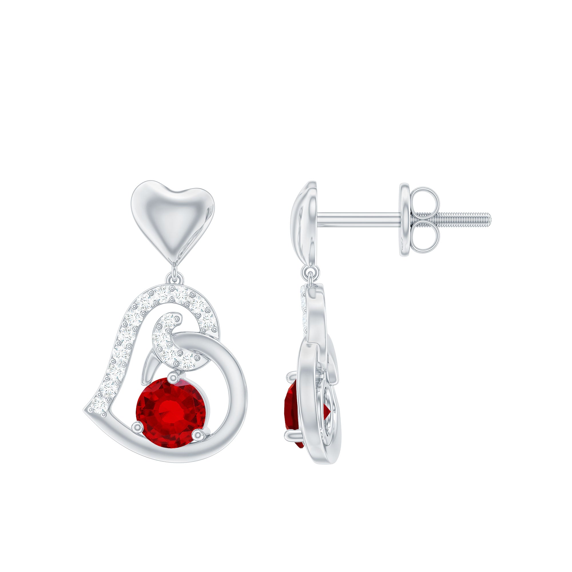 Lab Created Ruby and Diamond Heart Drop Earrings