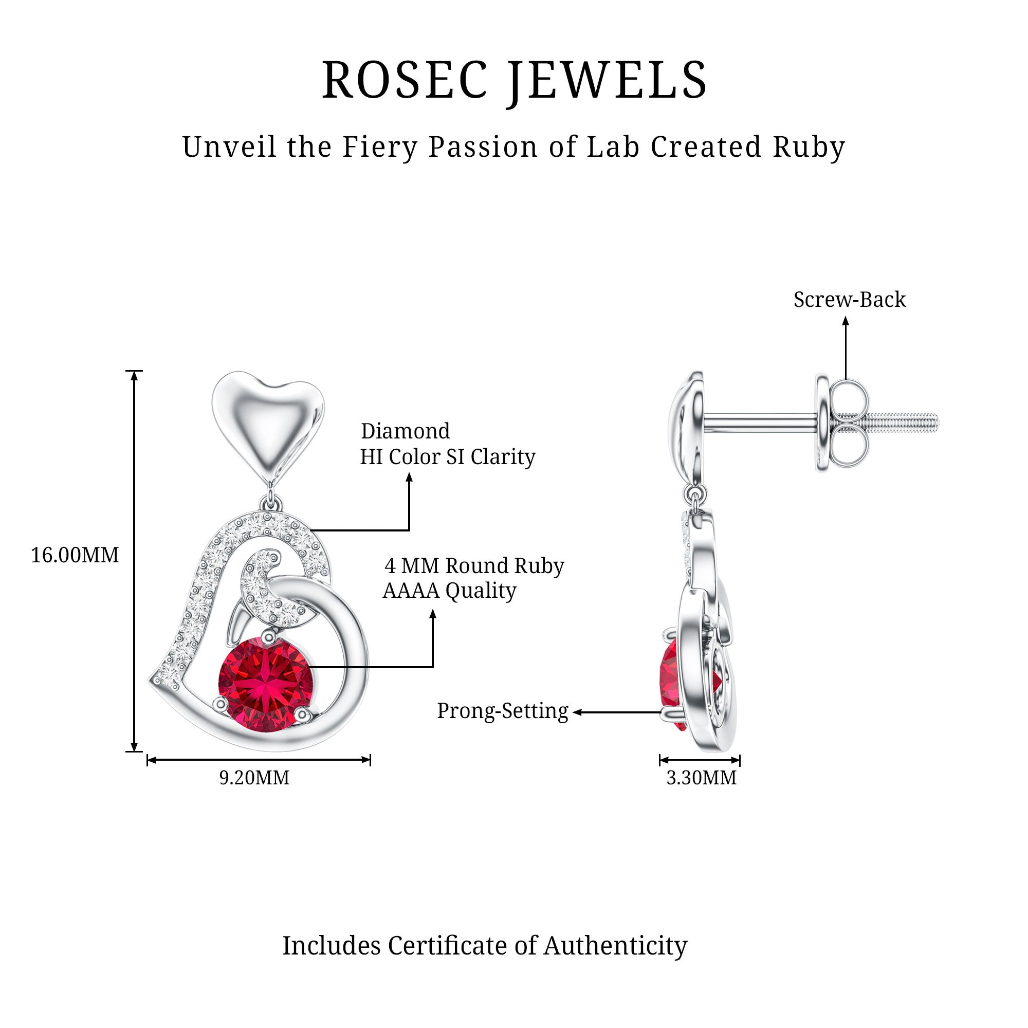 Lab Created Ruby and Diamond Heart Drop Earrings AAAA - Rosec Jewels