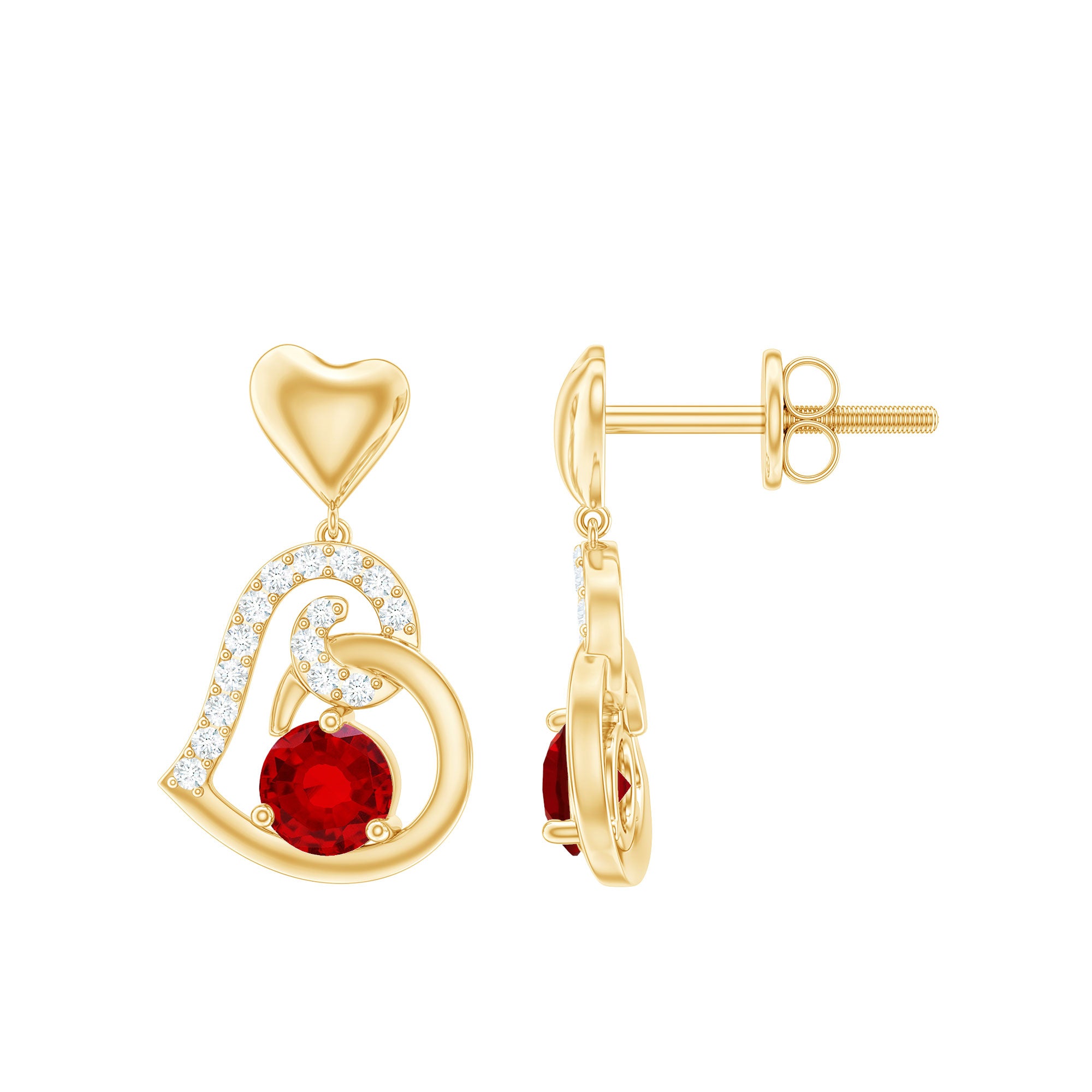 Lab Created Ruby and Diamond Heart Drop Earrings AAAA - Rosec Jewels