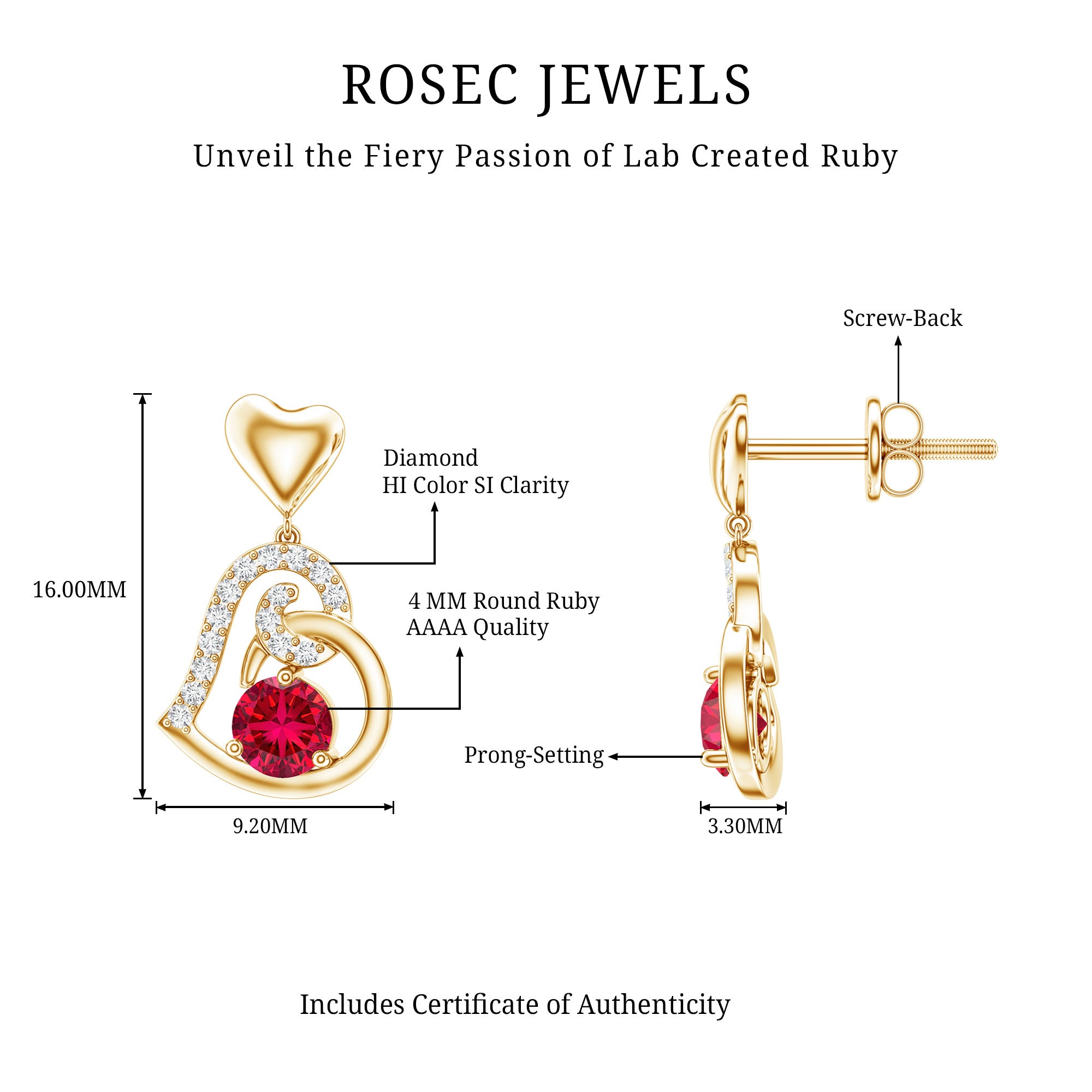 Lab Created Ruby and Diamond Heart Drop Earrings AAAA - Rosec Jewels