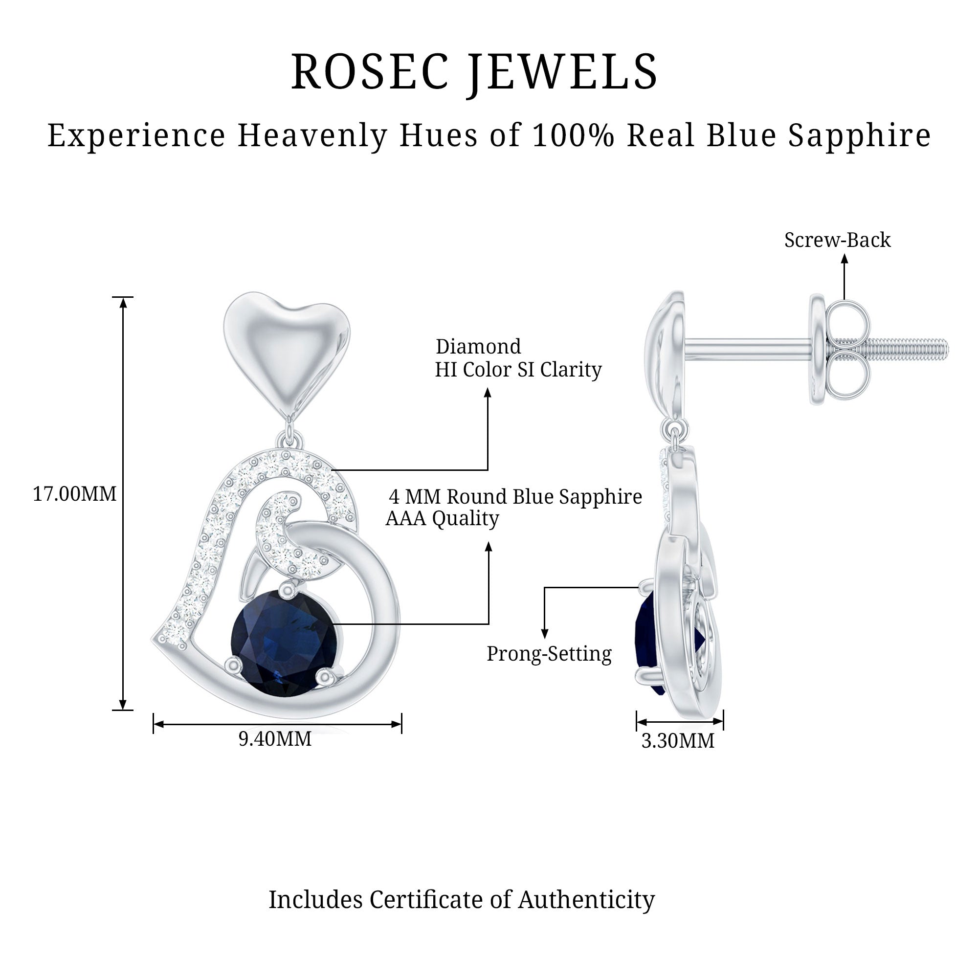Real 0.8 Carat Blue Sapphire and Diamond Dangling Earrings AAA - Rosec Jewels